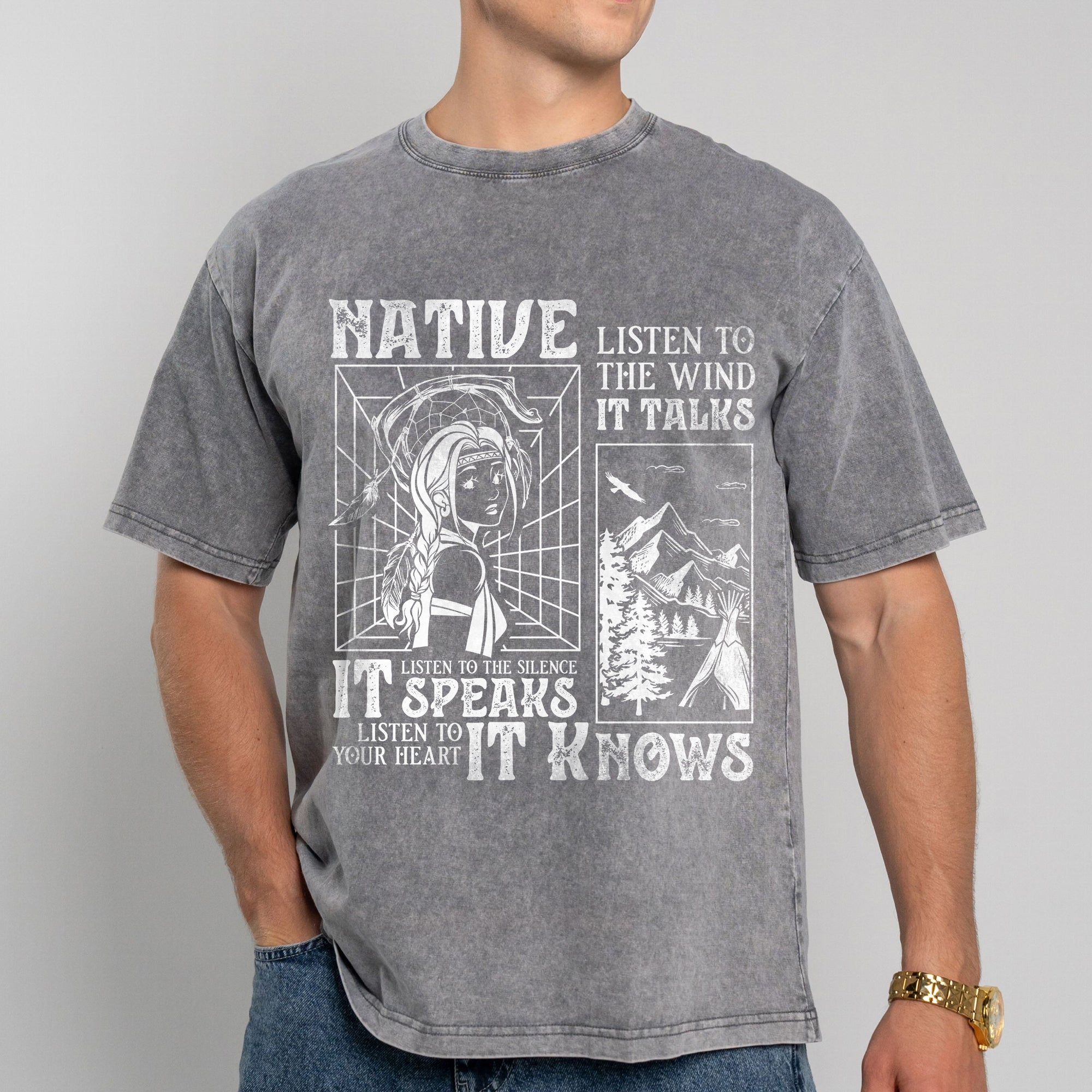 Native Listen To The Wind Listen To Your Heart - Indigenous Women Unisex Mineral Washed T-Shirt