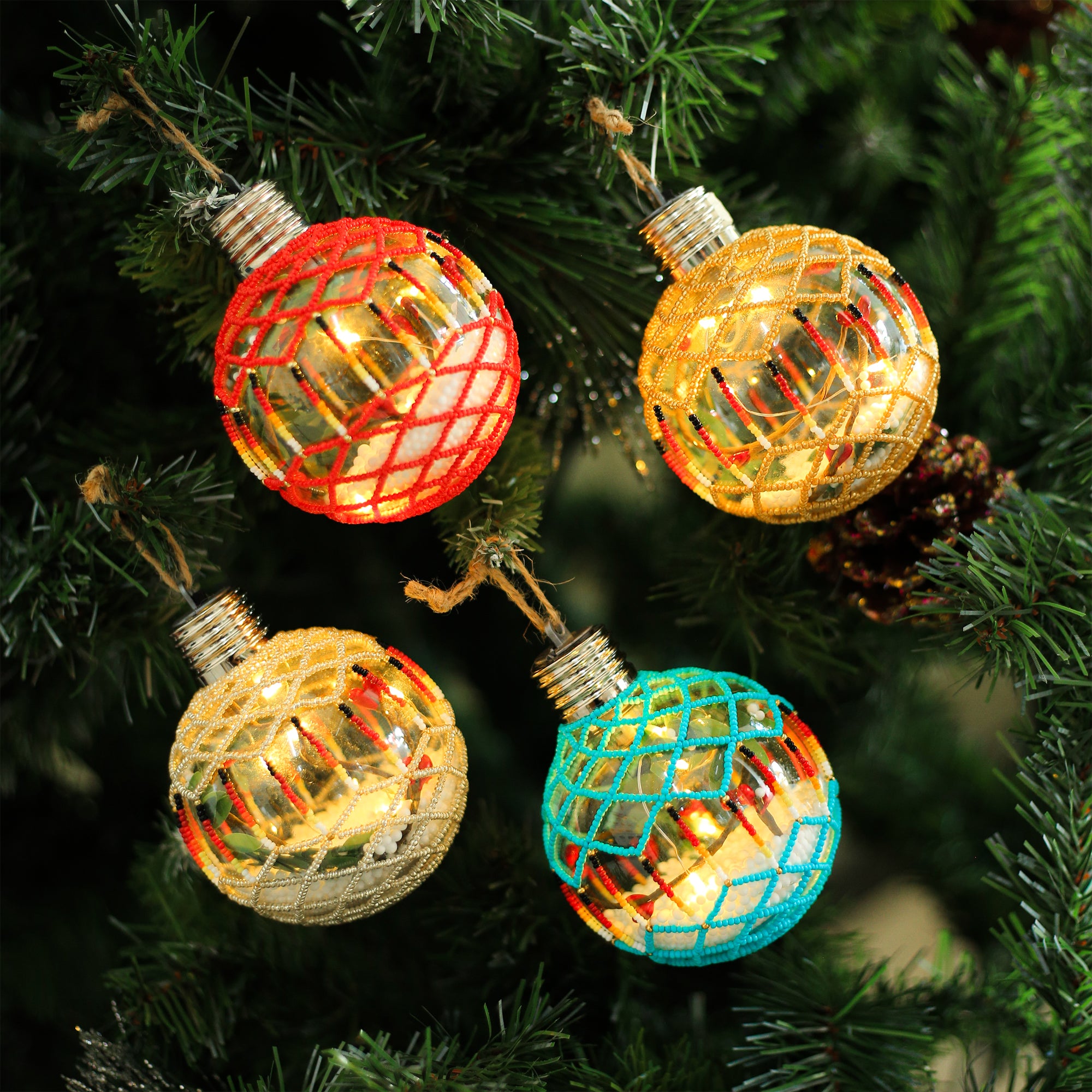 Turquoise Sparkly Handmade Beaded Ornament with Luminous Lights Premium