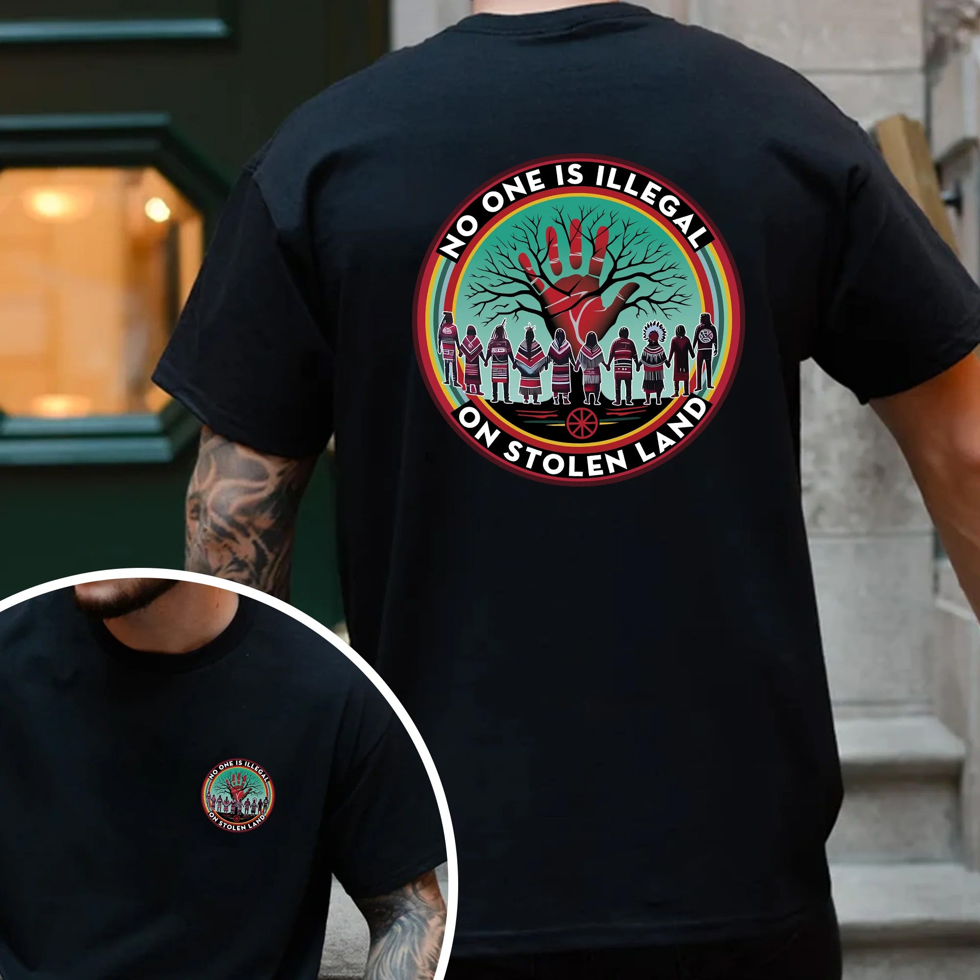 [Two Sides] No One Is Illegal On Stolen Land. We Walk On Native Land - Two Sides Unisex T-Shirt/T-Shirt V-Neck/Hoodie/Sweatshirt N27