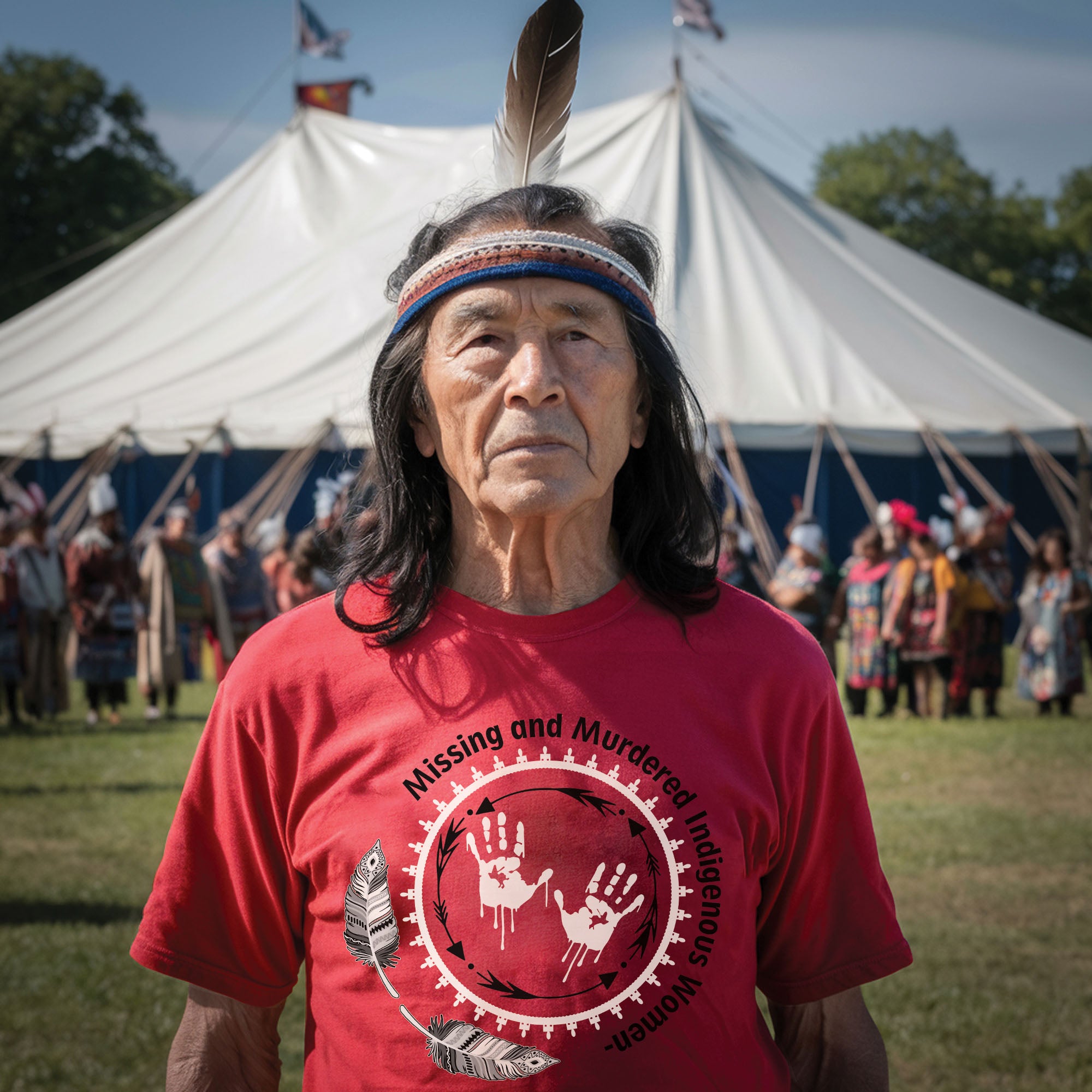 MMIW Awareness Honoring MMIW – Red Tee with Handprint & Sacred Feather Unisex T-shirt/T-shirt V-Neck/Hoodie/Sweatshirt