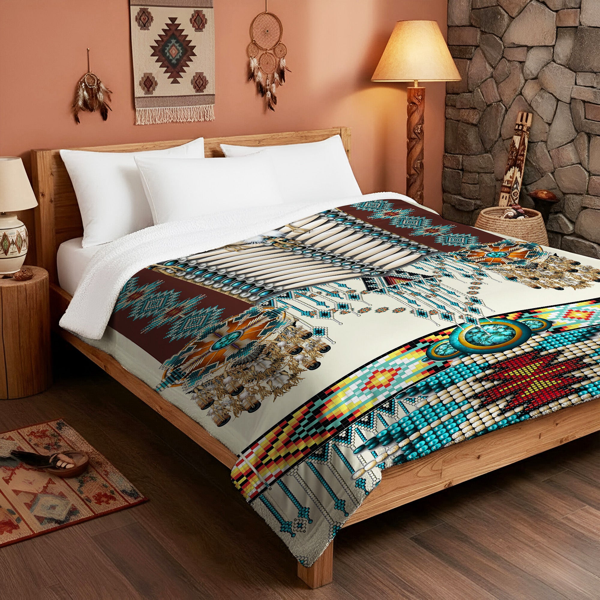 Turiquoise Native Indian Pattern Feather Soft and Warm Premium Fleece Blanket