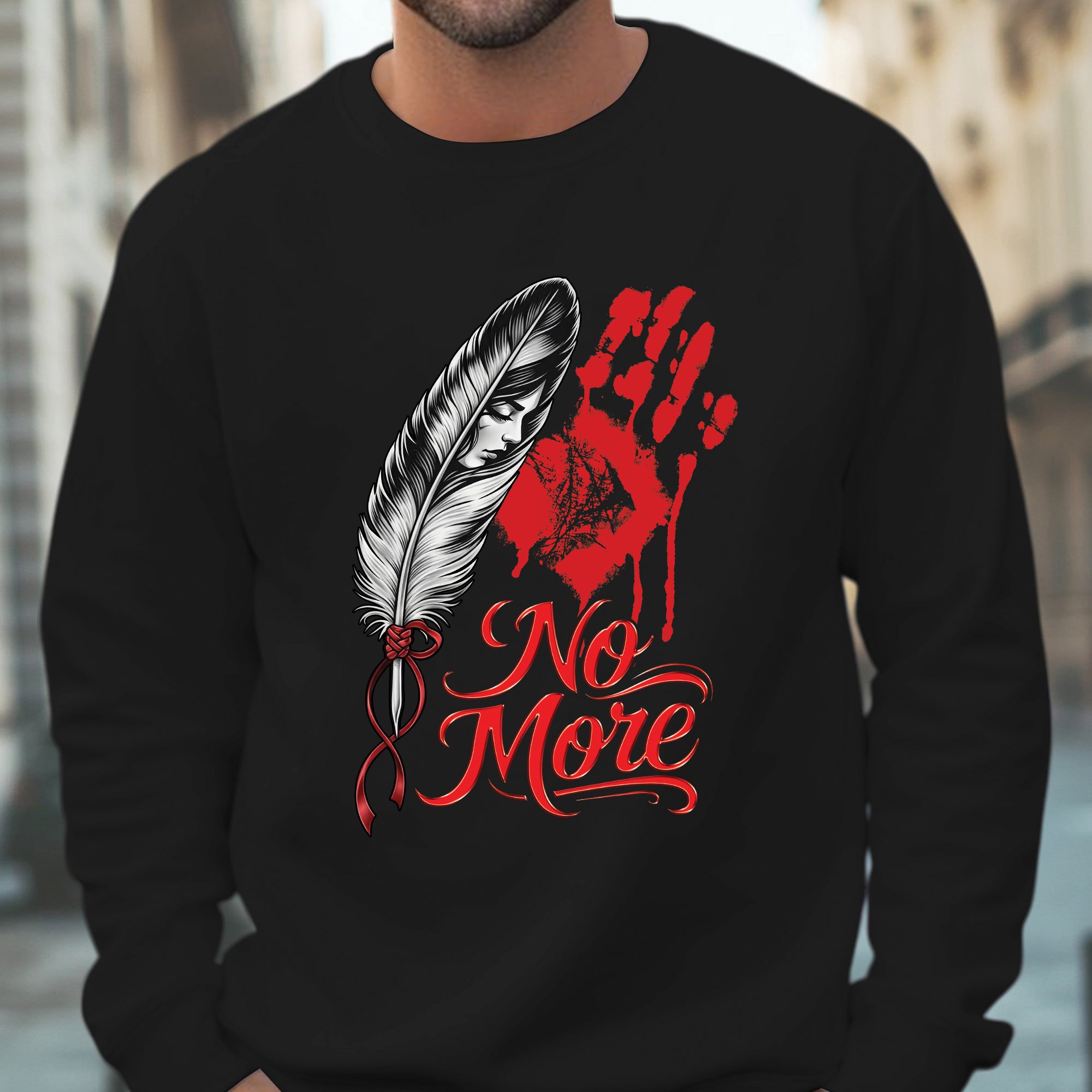 No More MMIW Awareness - Native American Feather & Handprint Design Unisex T-shirt/T-shirt V-Neck/Hoodie/Sweatshirt