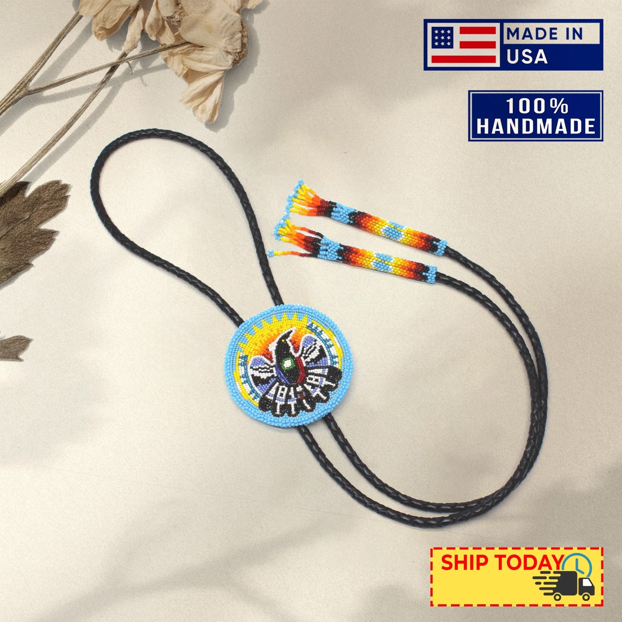 SALE 50% OFF - Handmade beaded Cyan Blue Eagle Bolo Tie Black leather Unisex With Native American Style