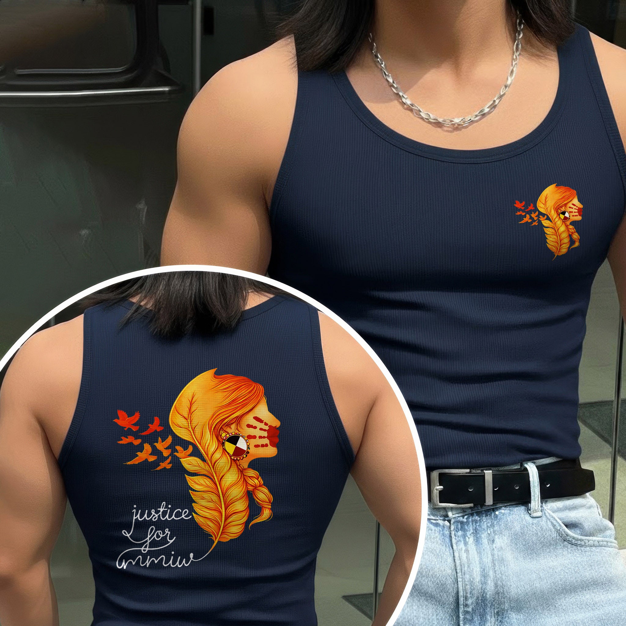 [Two Sides] Justice for MMIW Hoodie - Indigenous Woman with Feather Design Unisex Tank Top/Long Sleeve/Hoodie Zip