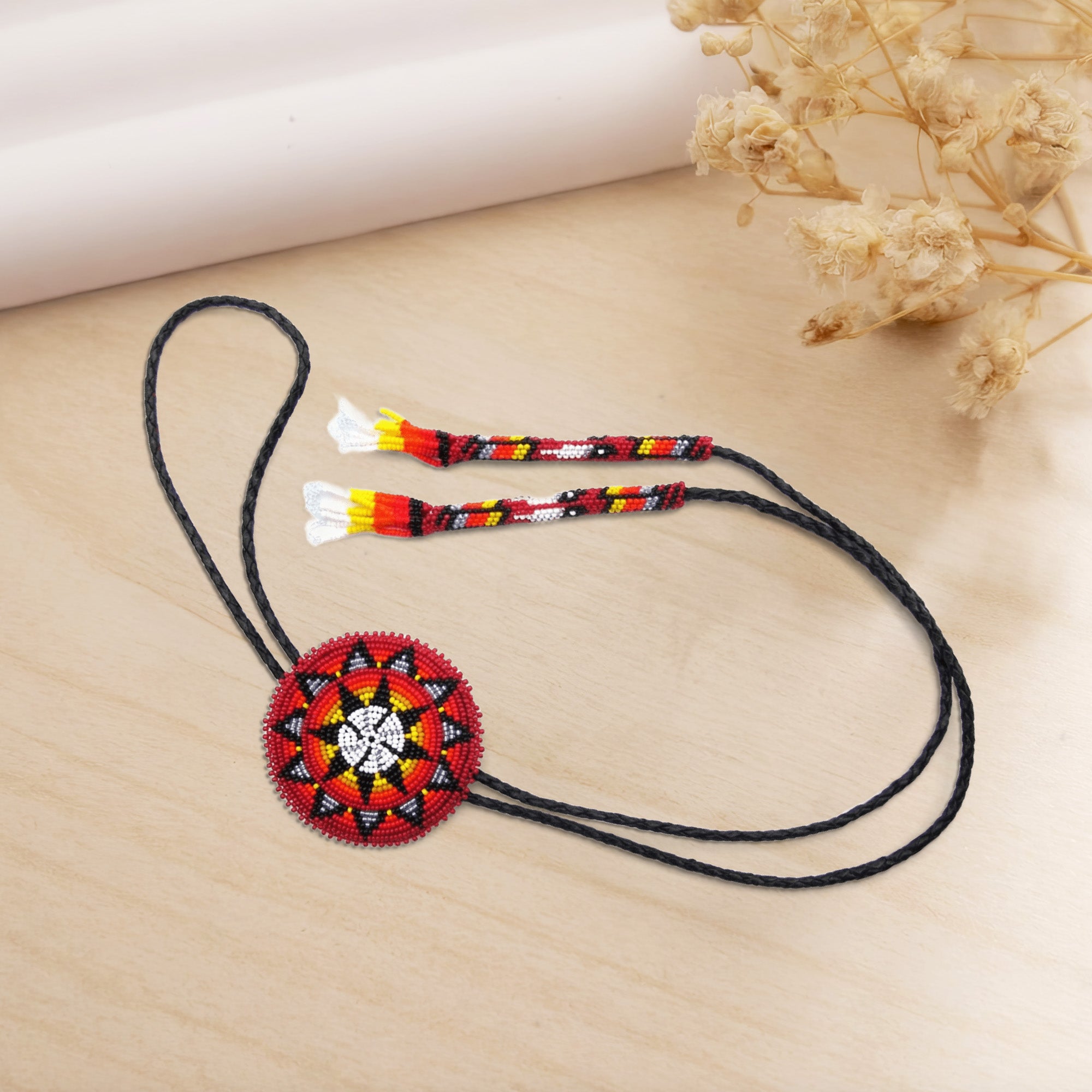 SALE 50% OFF - Handmade Beaded Red Star Bolo Tie with Black Leather Unisex With Native American Style