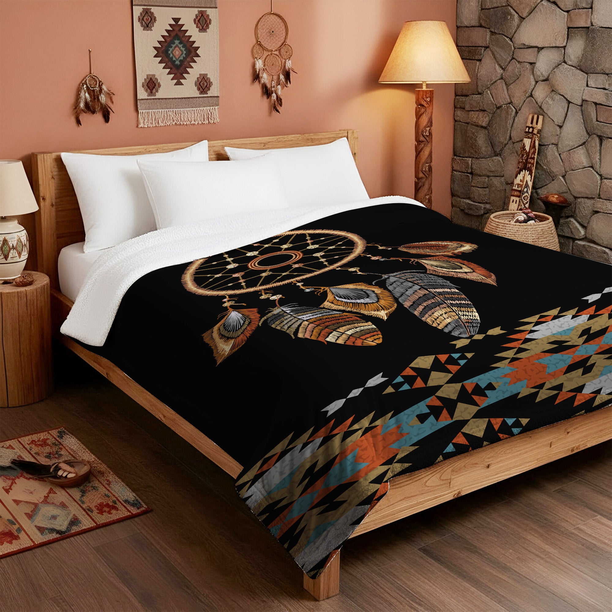 Native American Style Black Big Dreamcatcher Soft And Warm Fleece Blanket