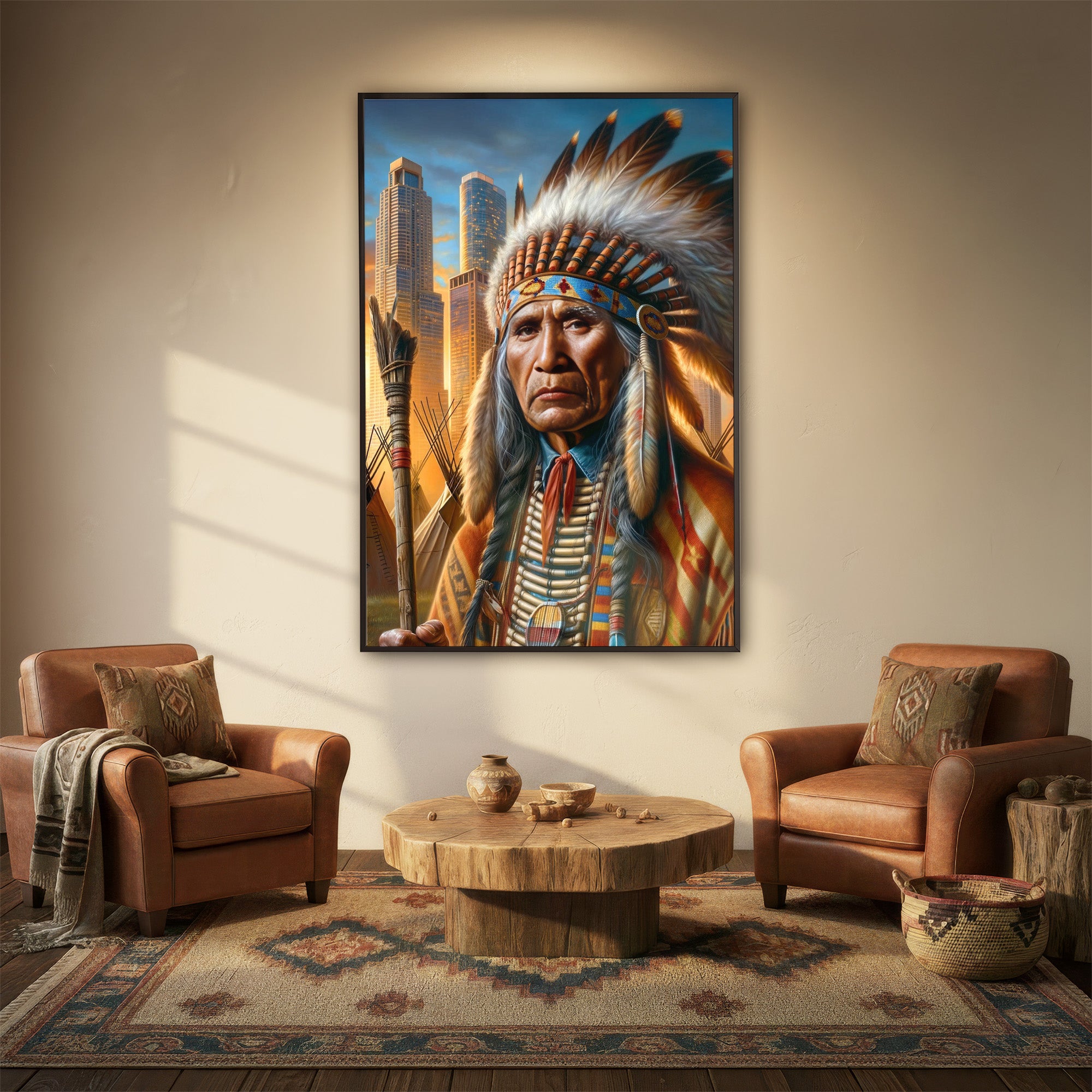 Custom Native American Chief Portrait Photo Canvas Art Gift Home Decor