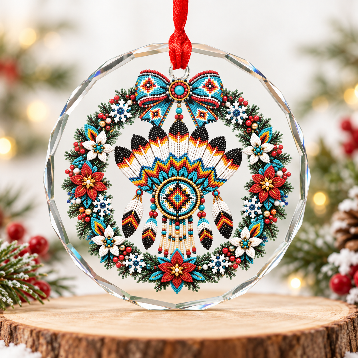 Native Beaded Chief Headdress Glass Ornament – Indigenous Art Decor