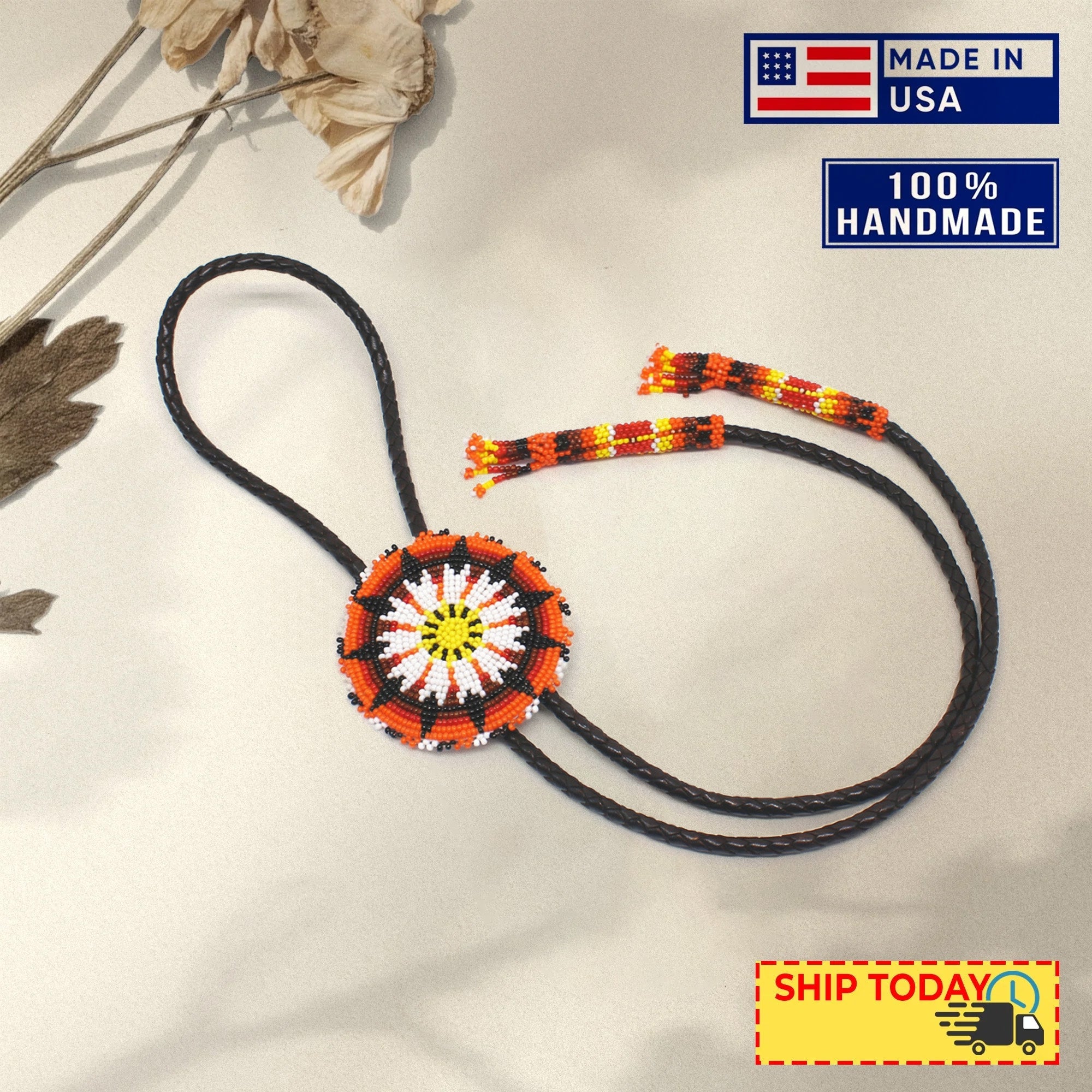 SALE 50% OFF - Handmade Beaded Orange Sunburst Leather Bolo Tie Unisex With Native American Style
