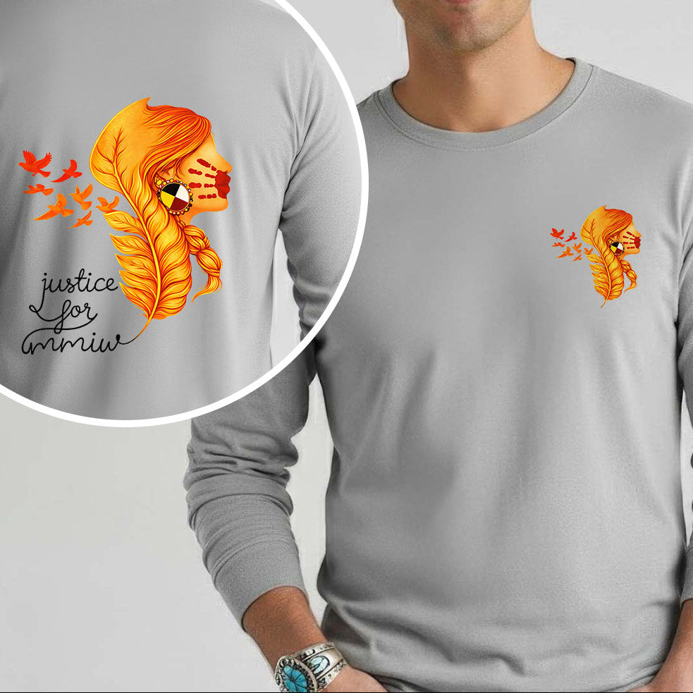 [Two Sides] Justice for MMIW Hoodie - Indigenous Woman with Feather Design Unisex Tank Top/Long Sleeve/Hoodie Zip
