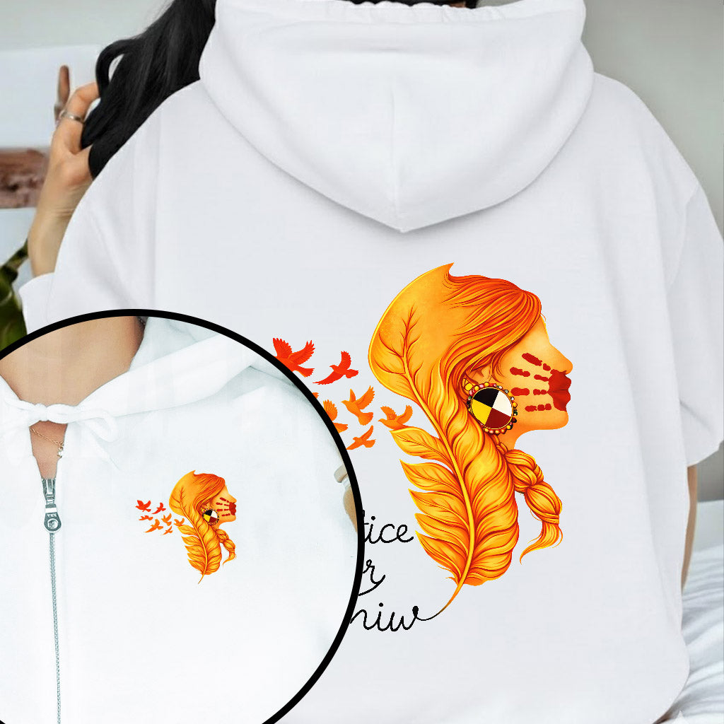 [Two Sides] Justice for MMIW Hoodie - Indigenous Woman with Feather Design Unisex Tank Top/Long Sleeve/Hoodie Zip