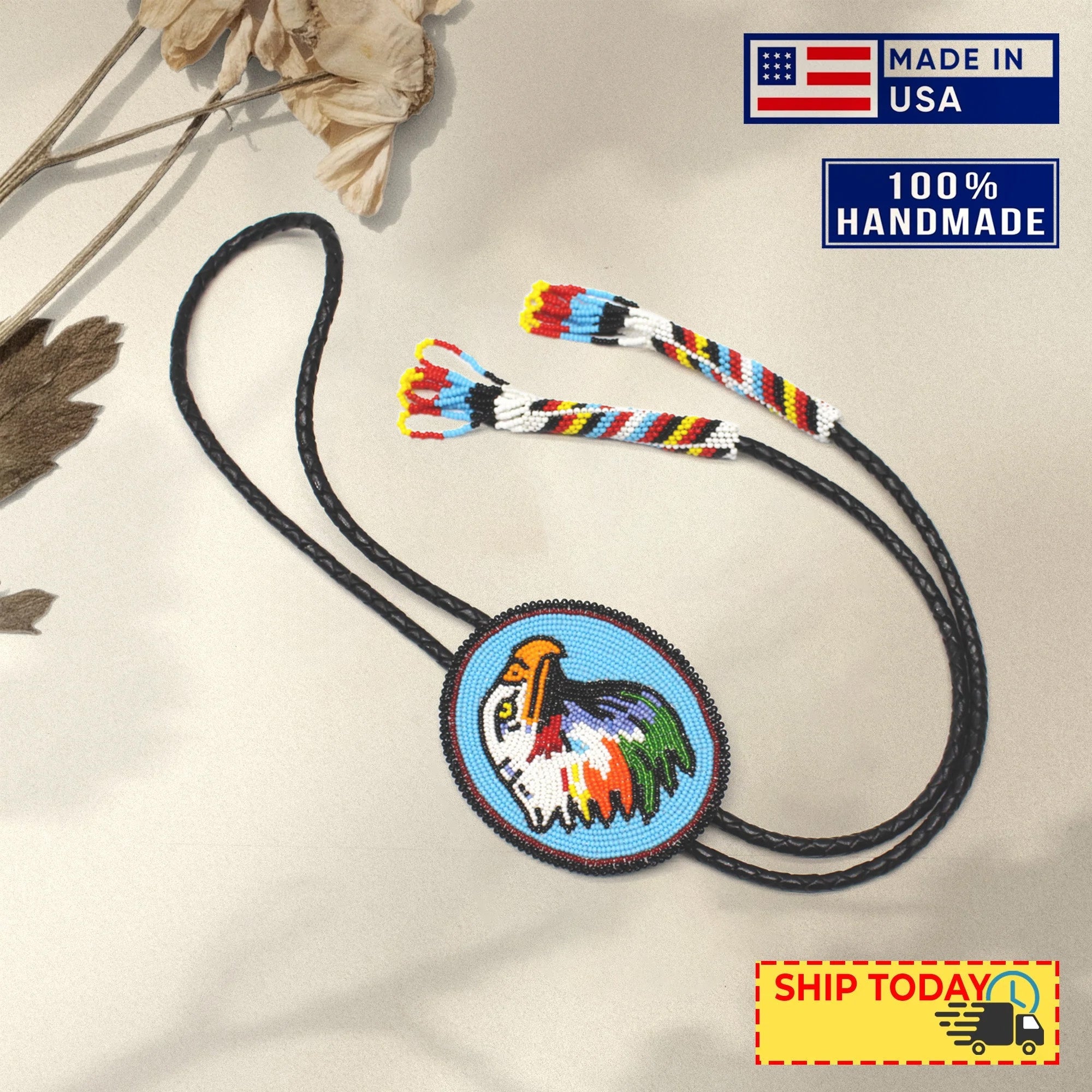 SALE 50% OFF - Handmade beaded Cyan Blue Eagle Black Leather Bolo Tie Unisex With Native American Style