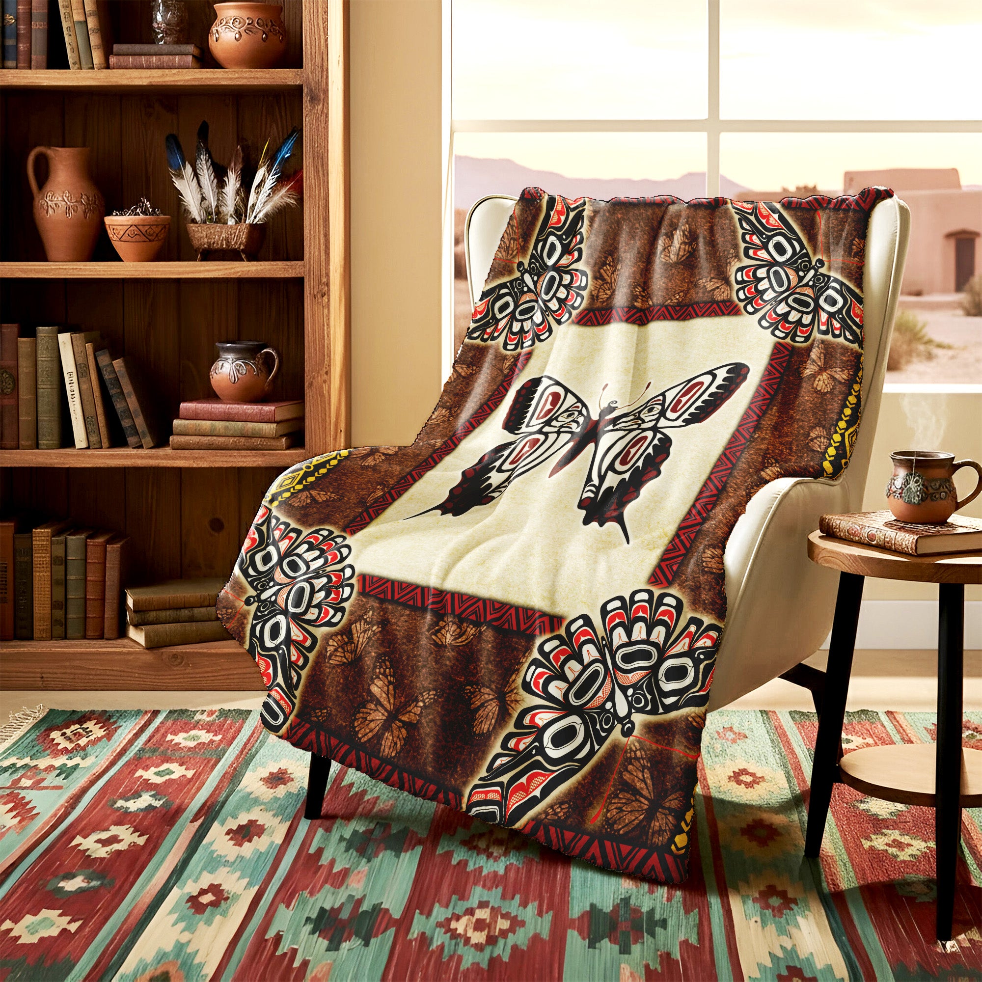 Native American Style Butterfly Symbols Soft and Warm Premium Fleece Blanket