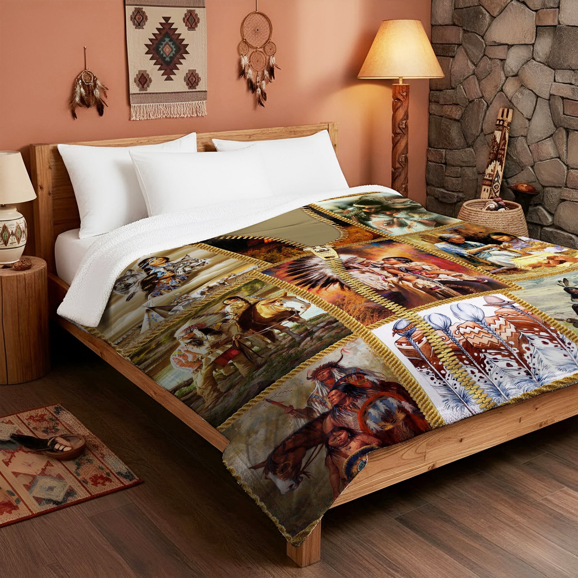 Native American Style Indigenous Family Soft and Warm Premium Fleece Blanket