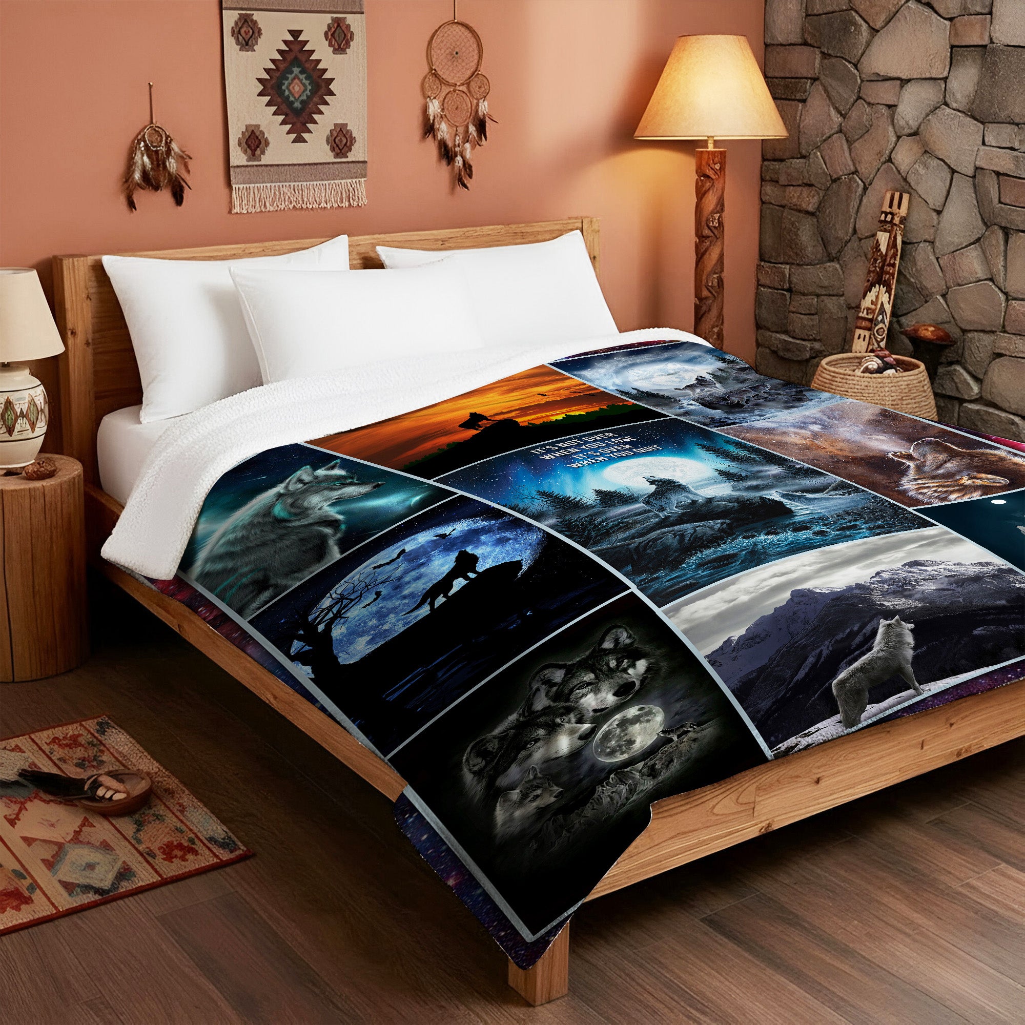 Native American Night Wolves Symbols Soft and Warm Premium Fleece Blanket