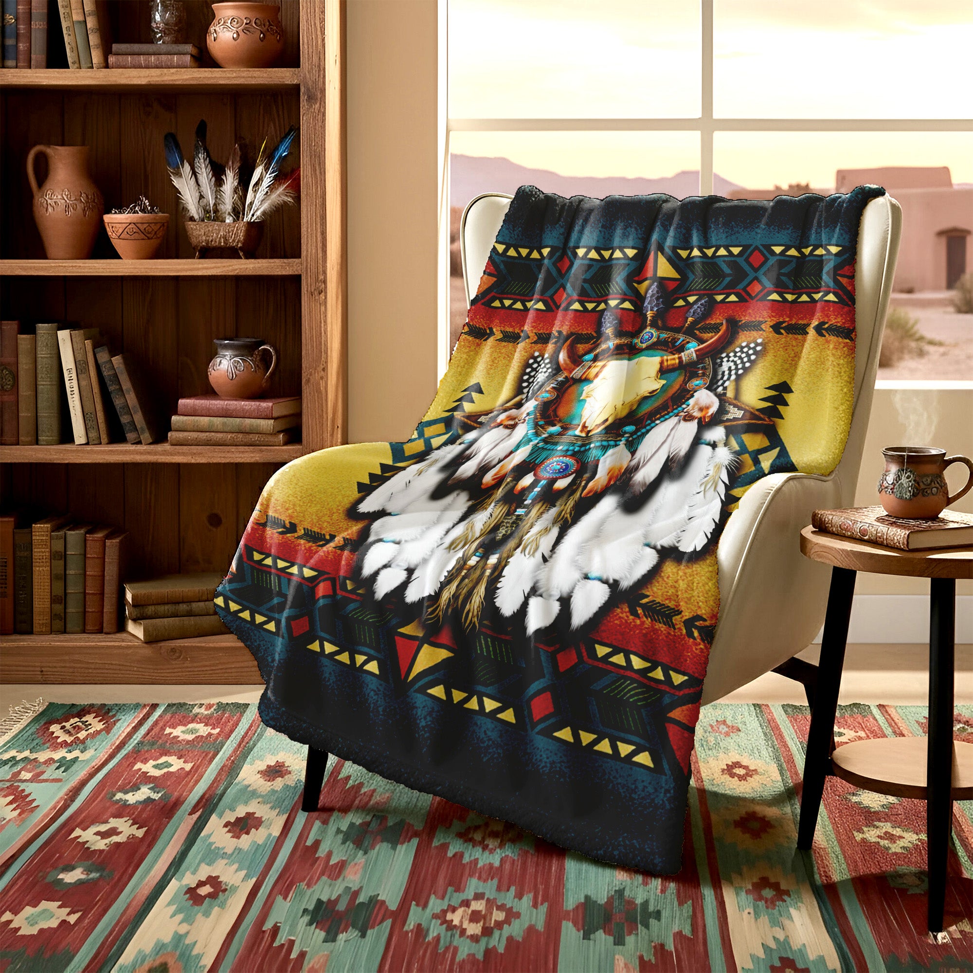 Native American Style Bull Patterns Soft and Warm Fleece Blanket