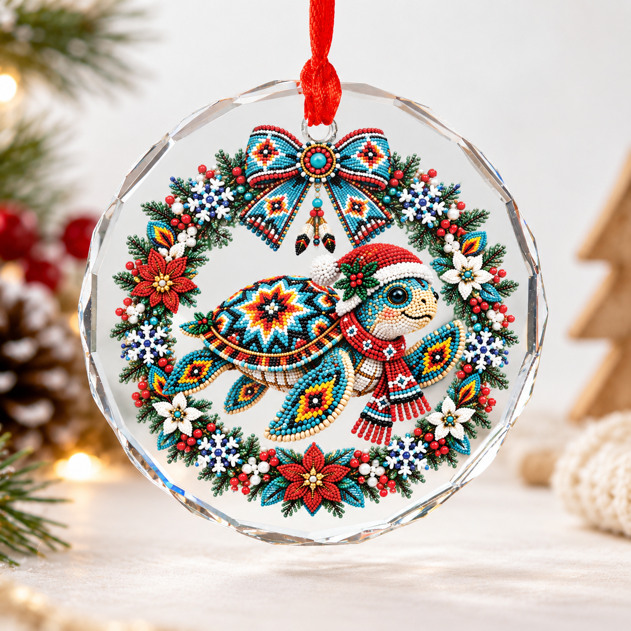 Native Beaded Turtle Santa Glass Ornament – Indigenous Art Decor