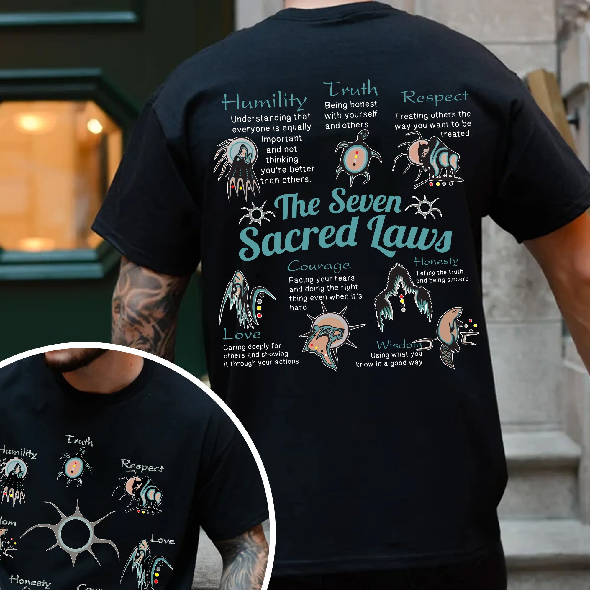 The Seven Sacred Laws Native American Indigenous Culture Unisex Two Sides T-shirt/T-shirt V-Neck/Hoodie/Sweatshirt