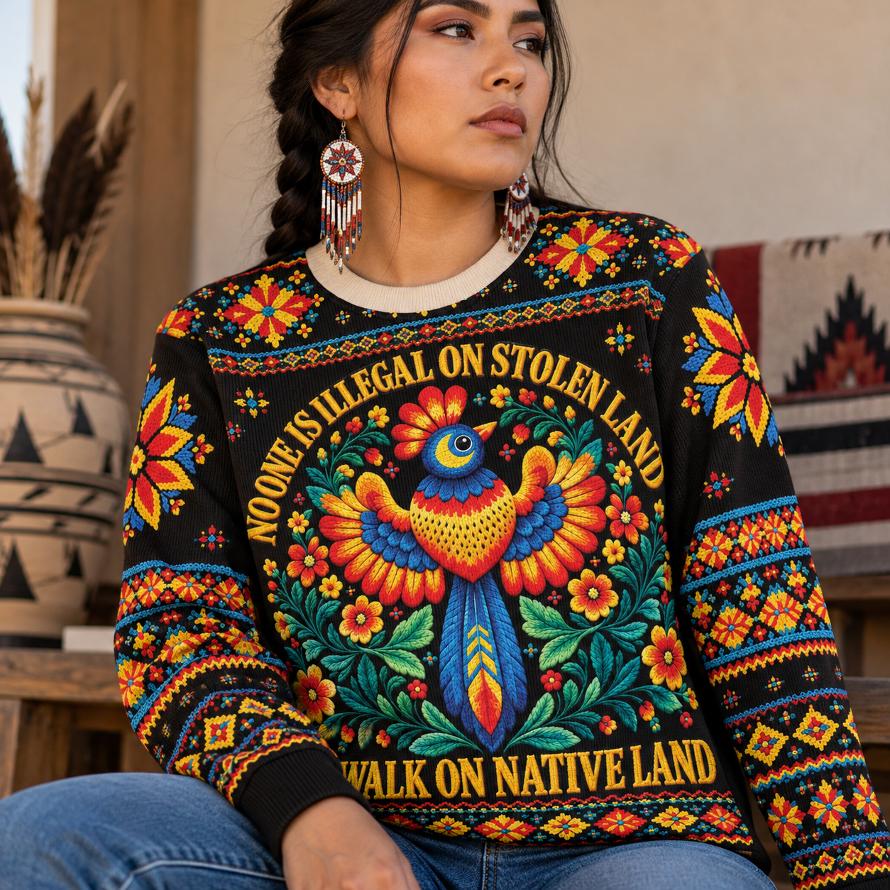 No One Is Illegal On Stolen Land Ugly Sweatshirt Style 2 - Native American Ugly Sweatshirt Unisex