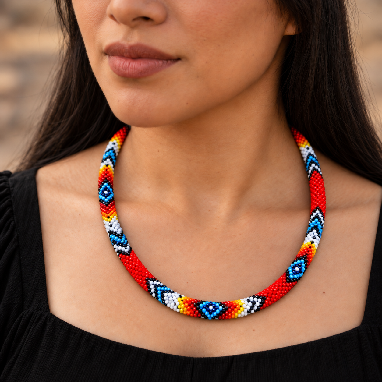Red Blue Beaded Long Necklace Handmade Native American Style for Women