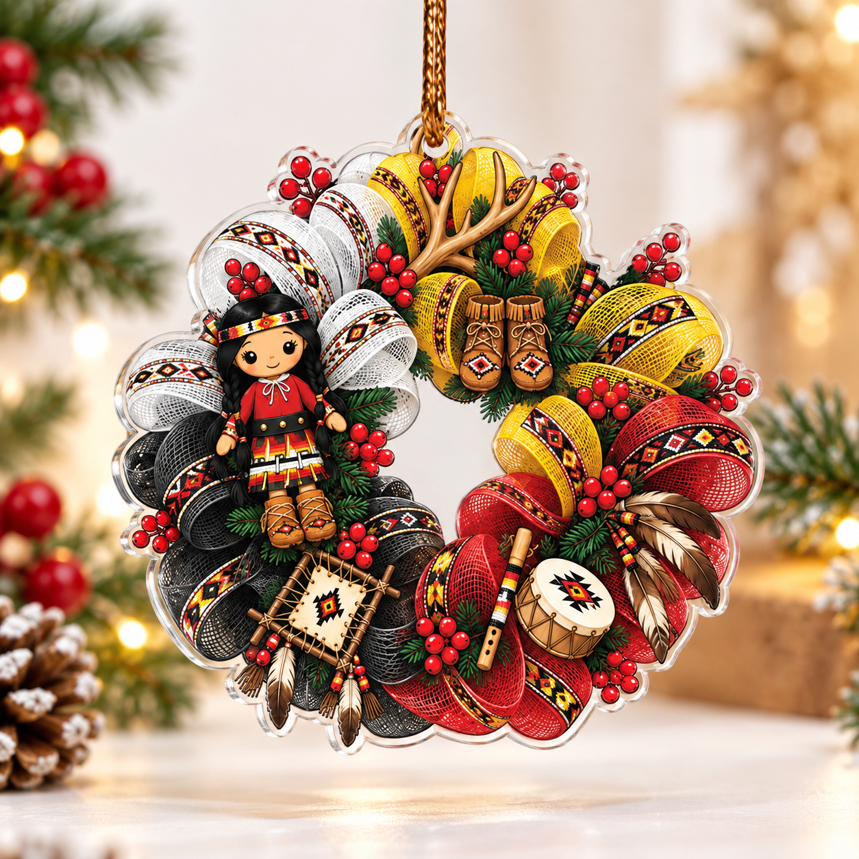 Indigenous Girl Tribal Wreath Acrylic Ornament - Unique Gift Decor Flat Acrylic