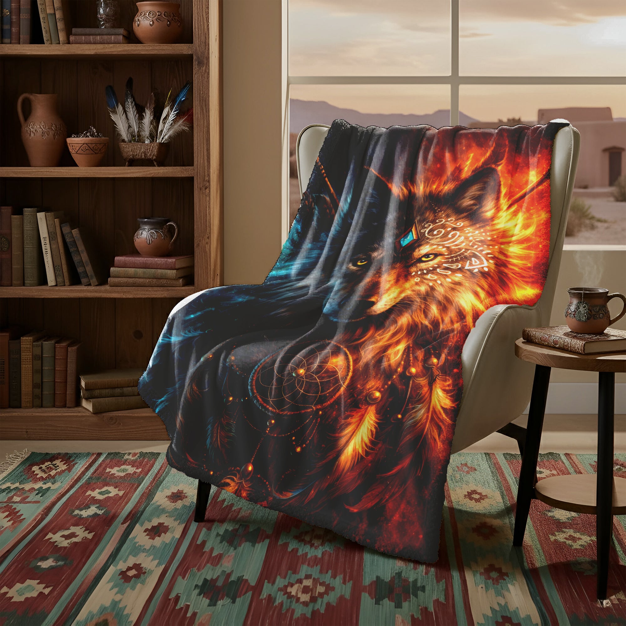Wolf Totem Fire & Ice Dreamcatcher Native Spirit Wolf Sacred Art Fleece Blanket
