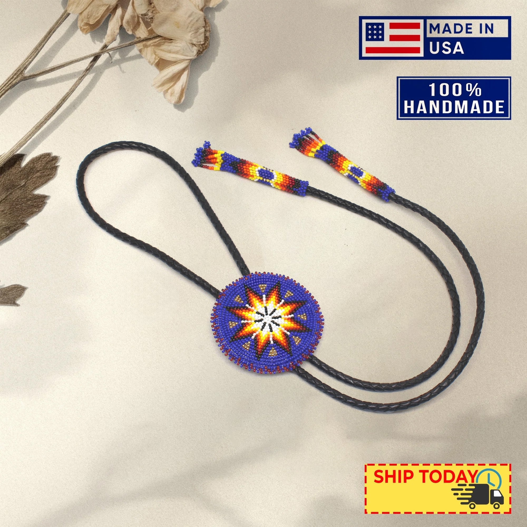 SALE 50% OFF - Handmade beaded Deep Blue Star Leather Bolo Tie Unisex With Native American Style