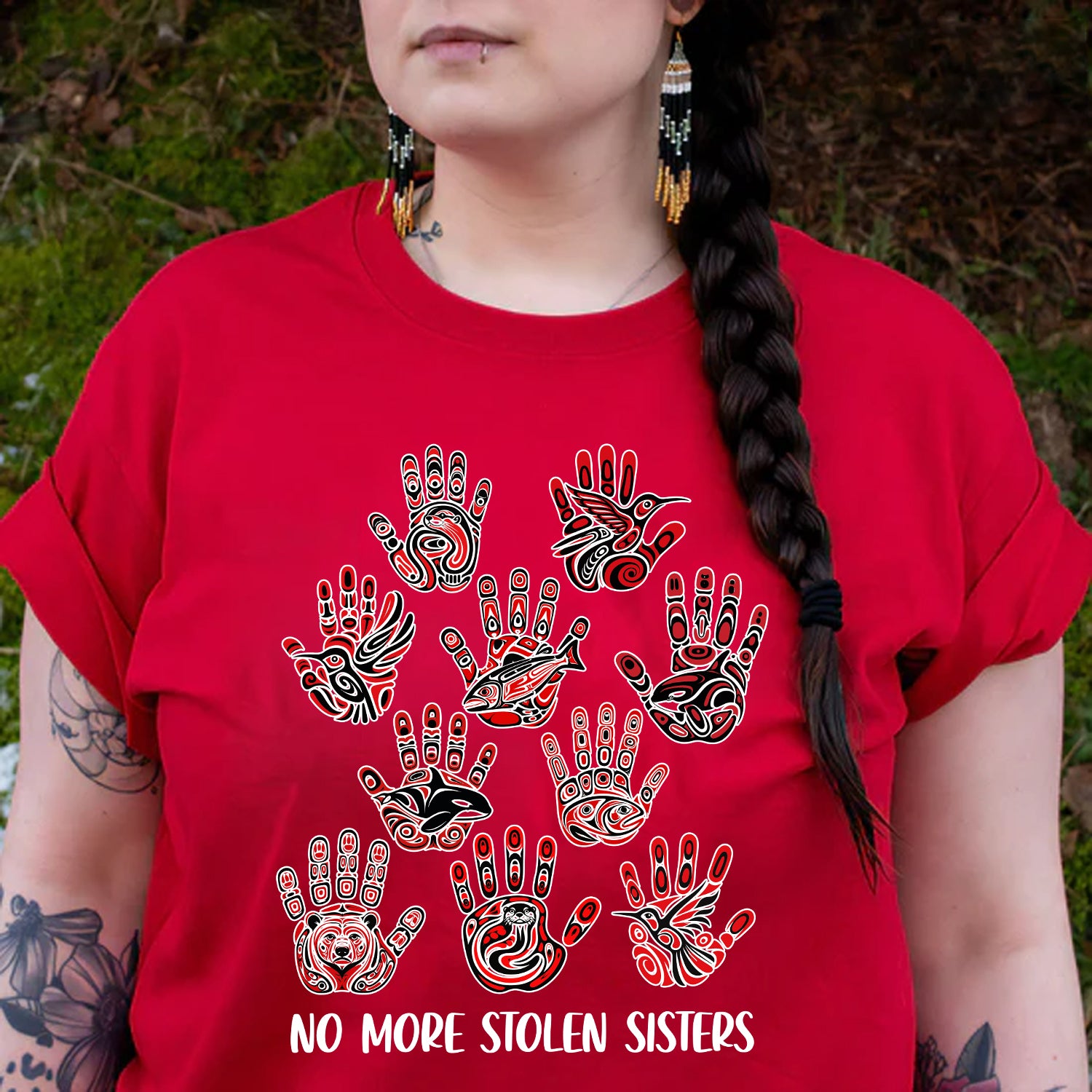 No More Stolen Sisters - MMIW Awareness with Tribal Hand and Animal Design Unisex T-shirt/T-shirt V-Neck/Hoodie/Sweatshirt