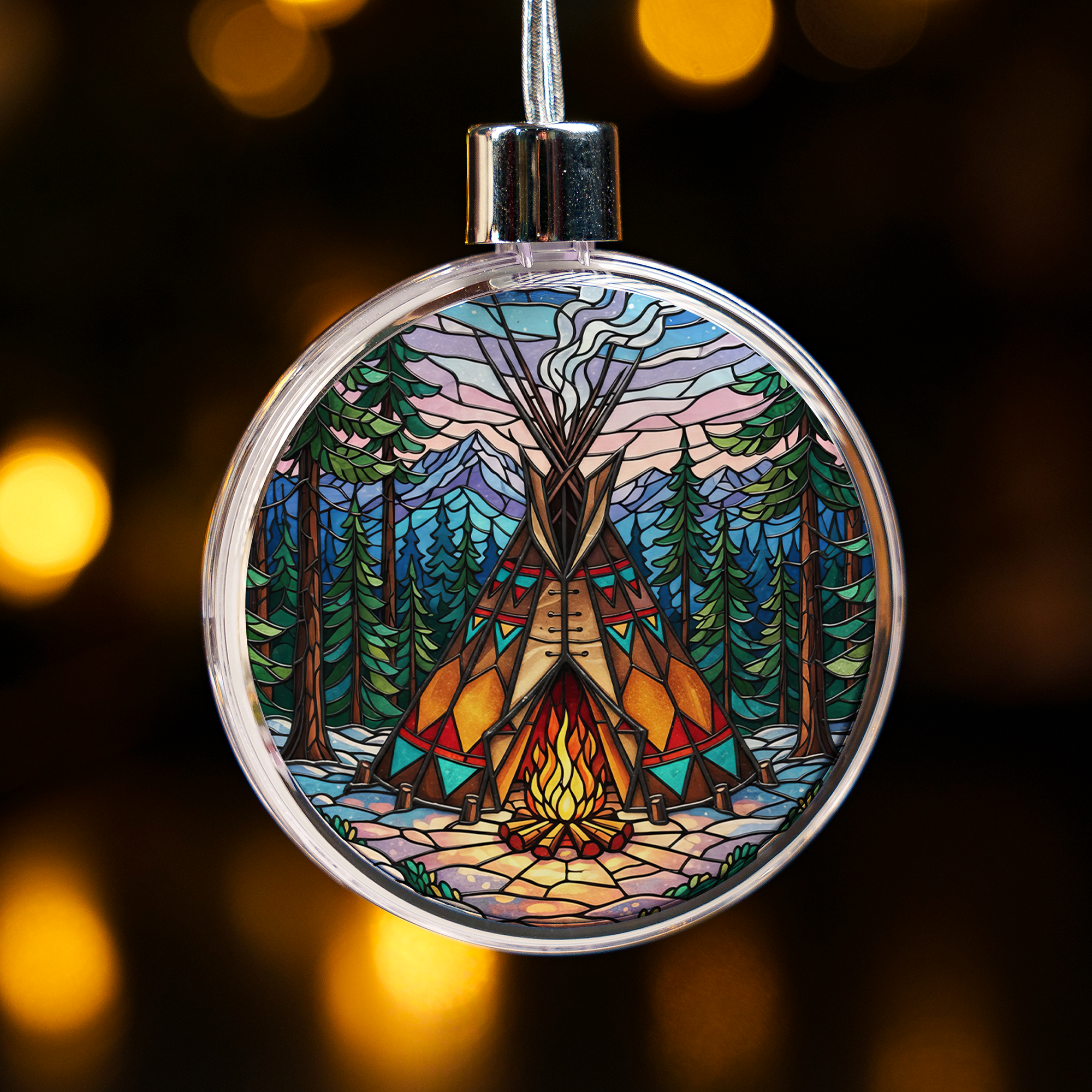 Native Teepee Stained Glass Design Clear Plastic and Aluminium Ornament Unique Christmas Gift Decor