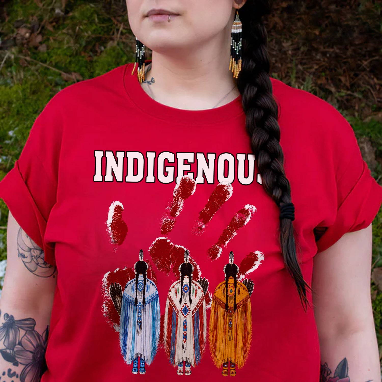 Red Handprint Indigenous Women - MMIW Awareness Three Sisters Unisex T-shirt/T-shirt V-Neck/Hoodie/Sweatshirt