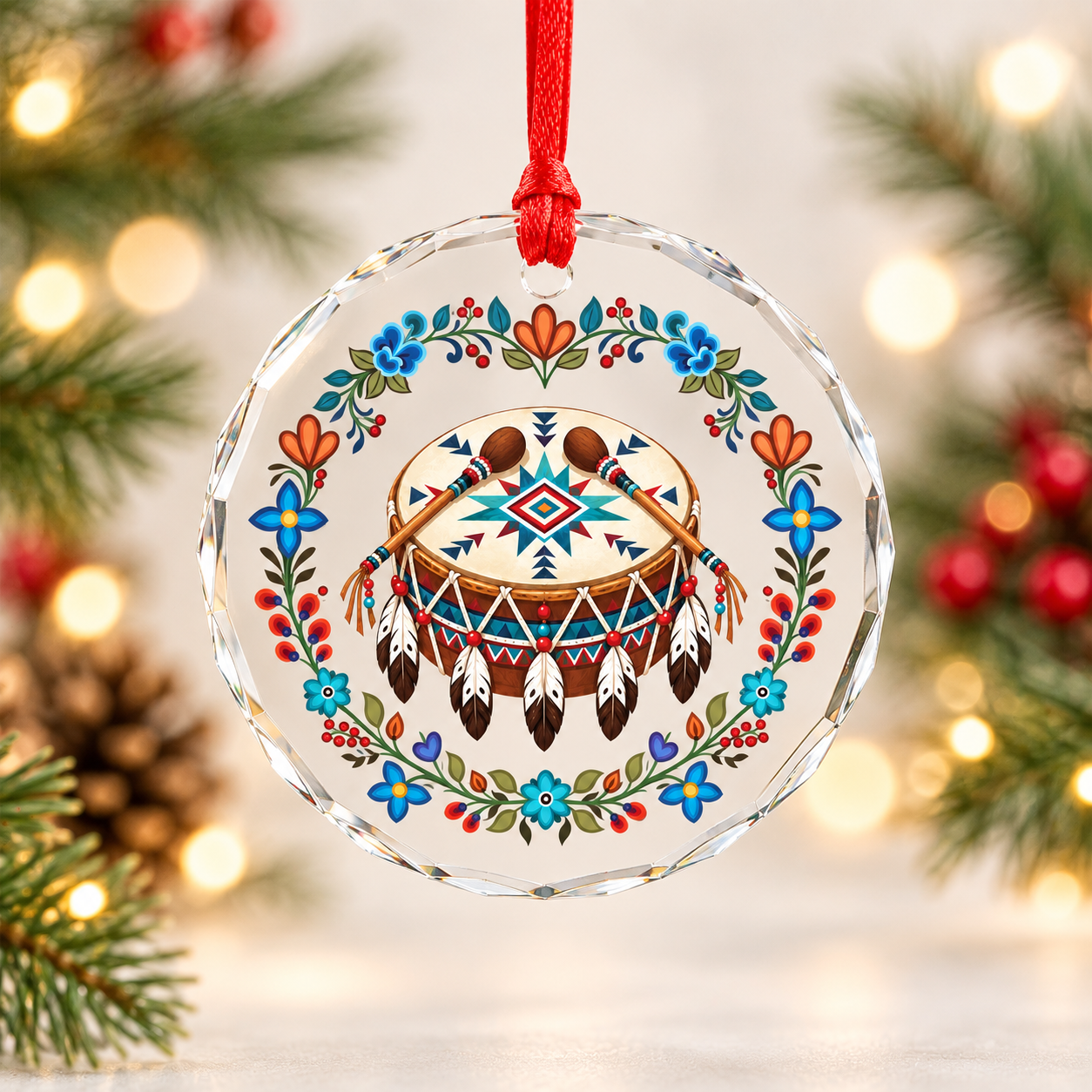 Native Floral Tribal Powwow Drum Glass Ornament – Indigenous Art Decor