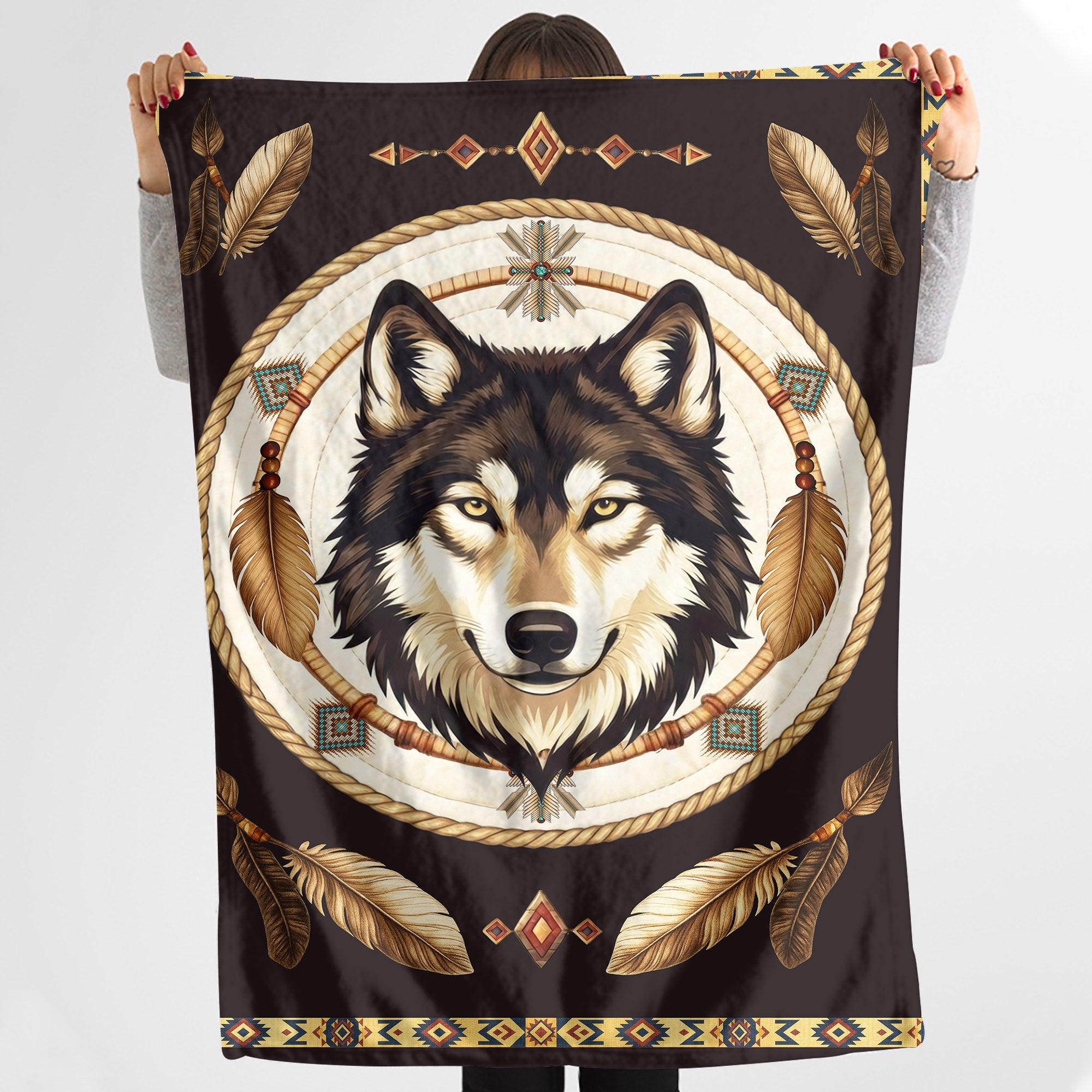 Native Wisdom Wolf Throw Native American Cozy Fleece Blanket