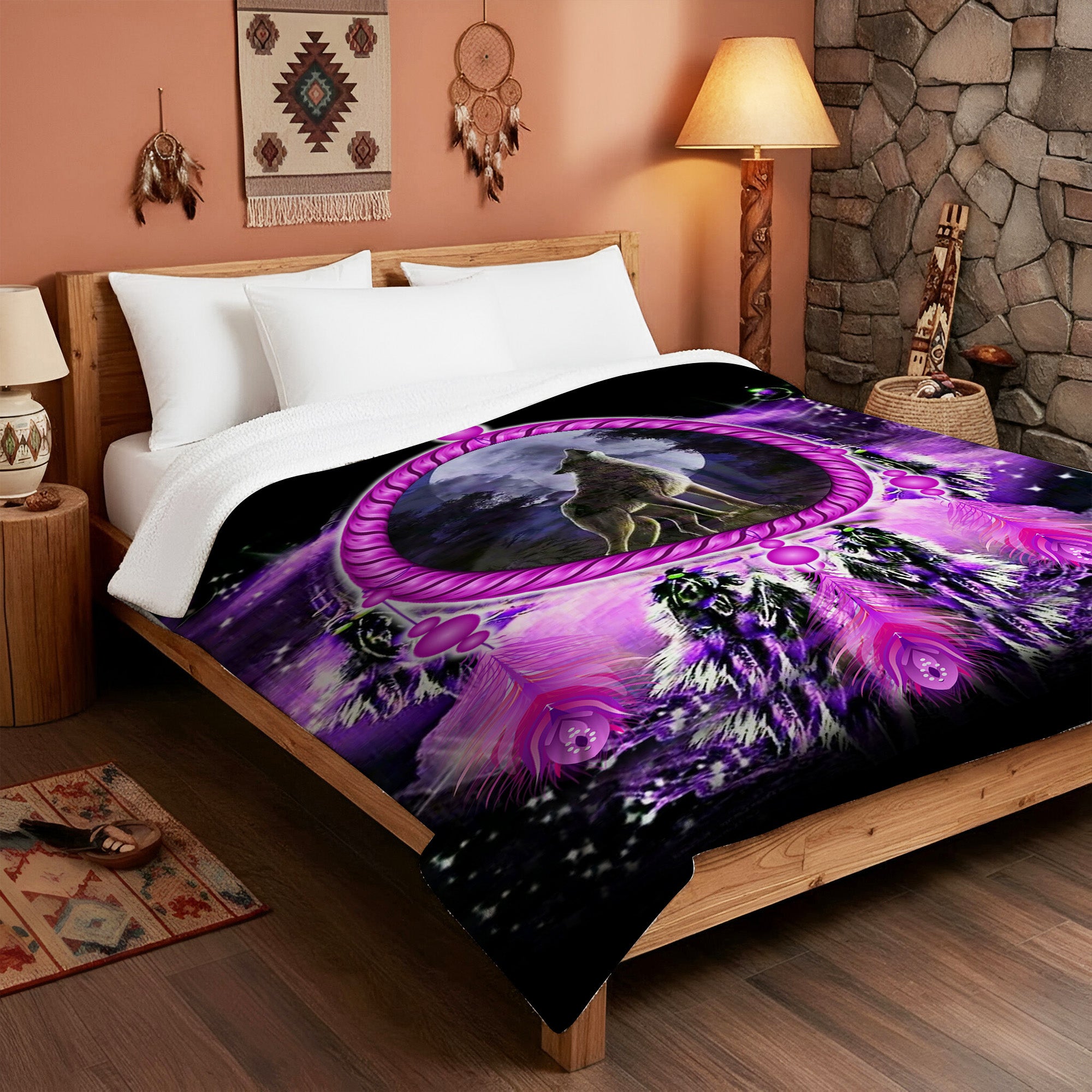 Native American Style Purple Wolf Dream Soft And Warm Premium Fleece Blanket
