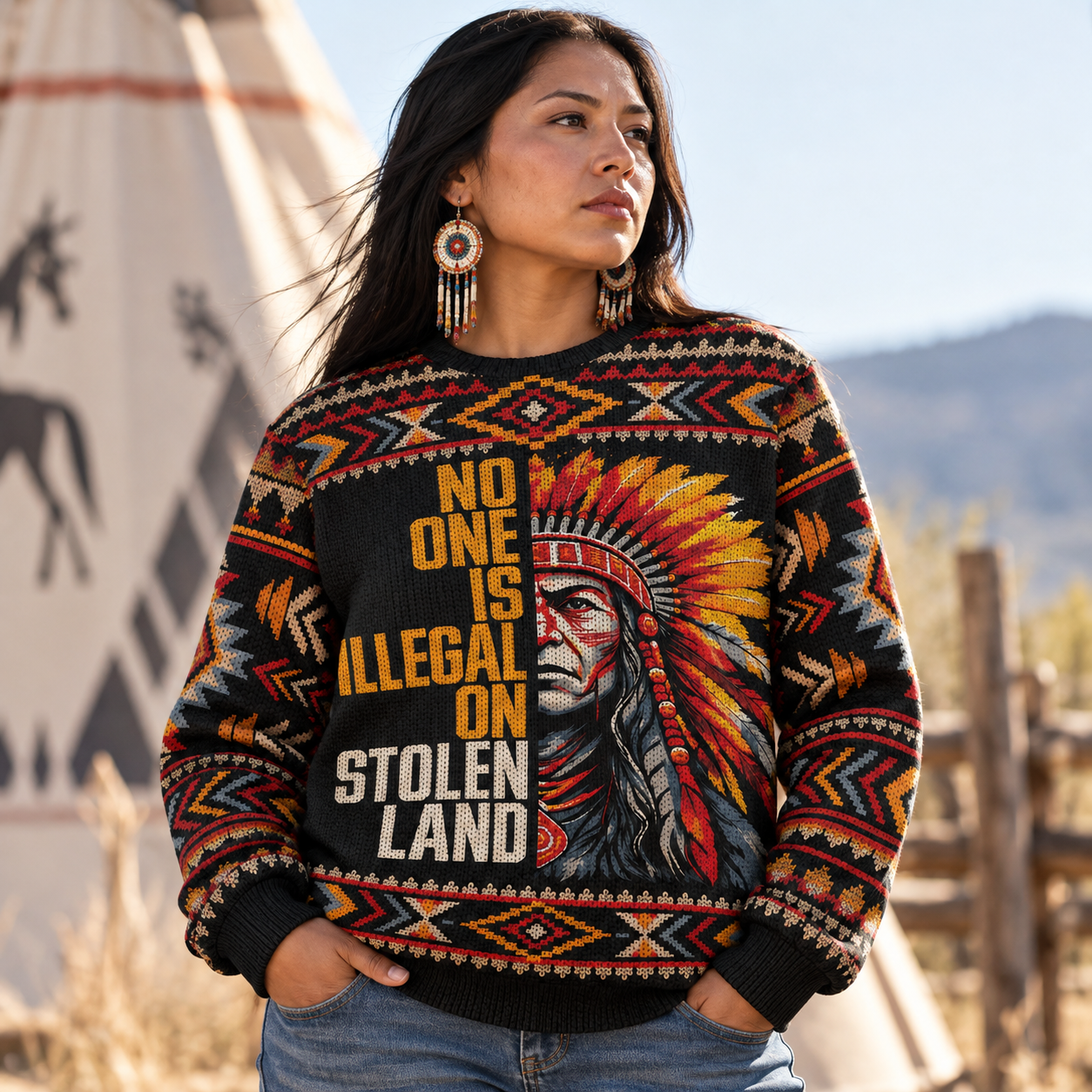 No One Is Illegal On Stolen Land Ugly Sweatshirt - Native American Ugly Sweatshirt Unisex
