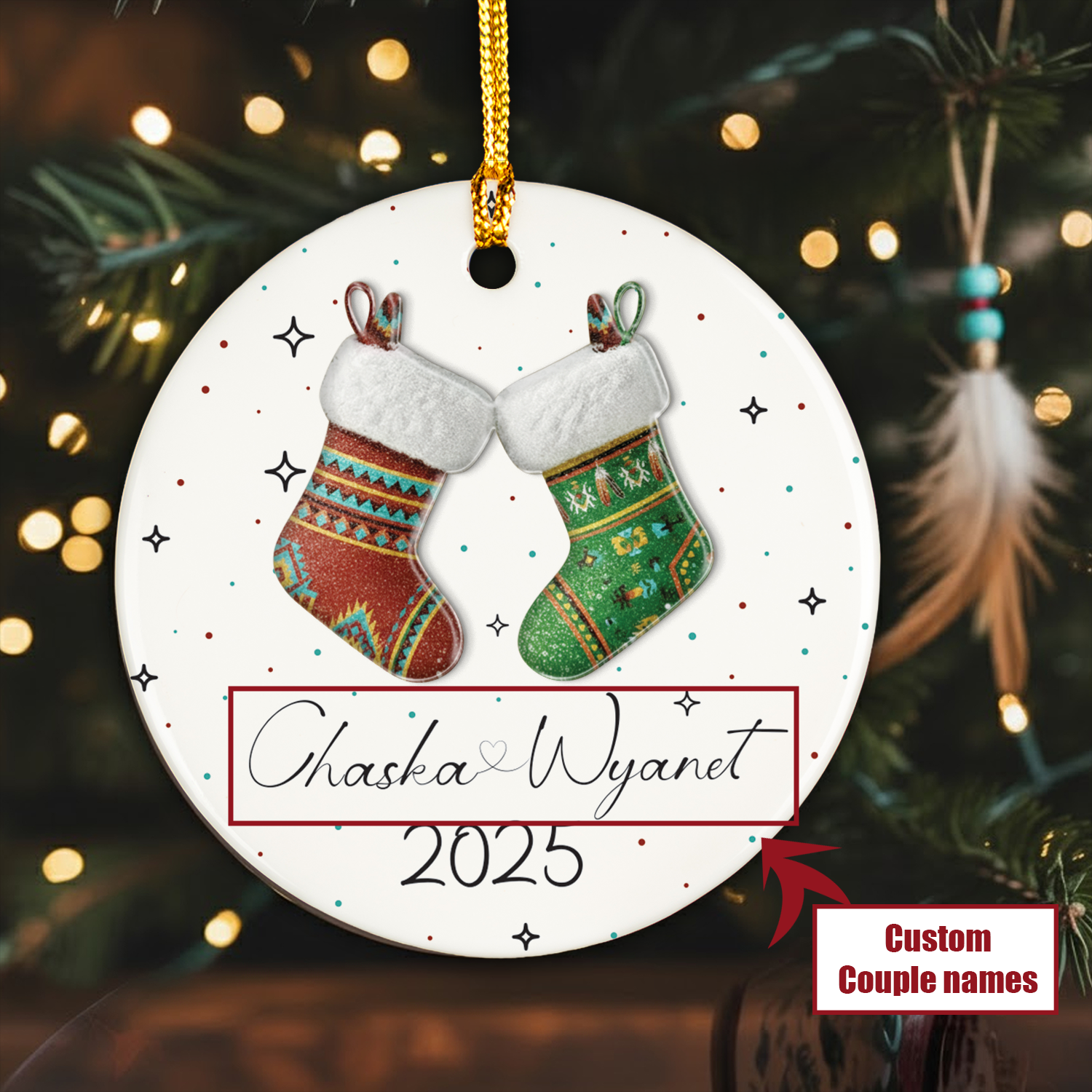 Couples Stocking Ceramic & Acrylic Round Ornament Native-Inspired Holiday Decor (Custom Name)