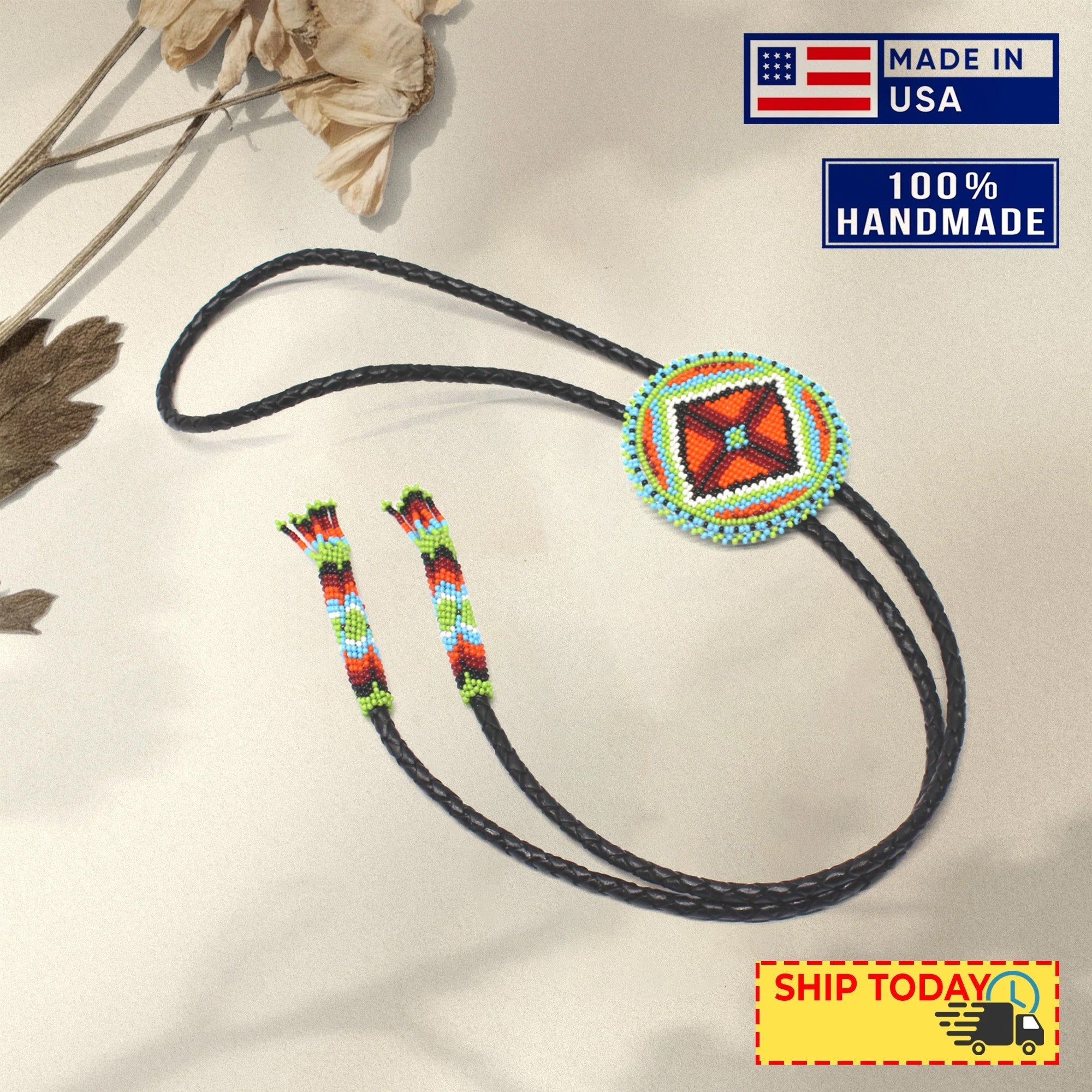SALE 50% OFF - Handmade beaded Green Orange Aztec Bolo Tie black leather Unisex With Native American Style