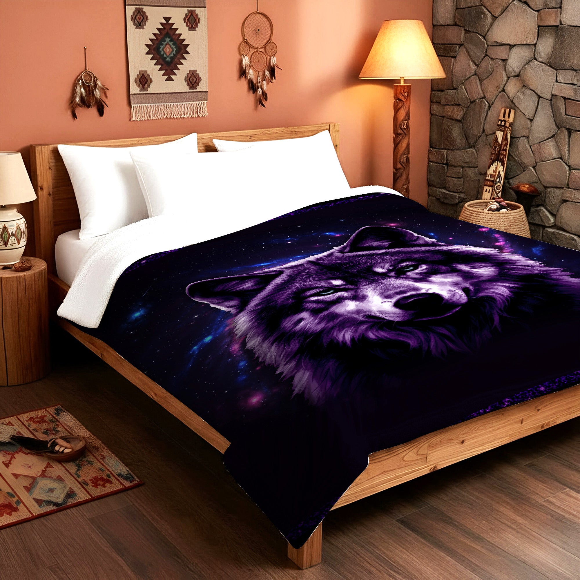 Spirit Wolf of the Purple Sky Native American Cozy Fleece Blanket