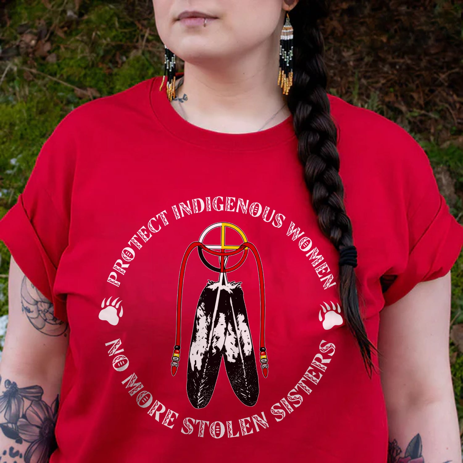 Sacred Feather MMIW - Protect Indigenous Women Medicine Wheel Unisex T-shirt/T-shirt V-Neck/Hoodie/Sweatshirt