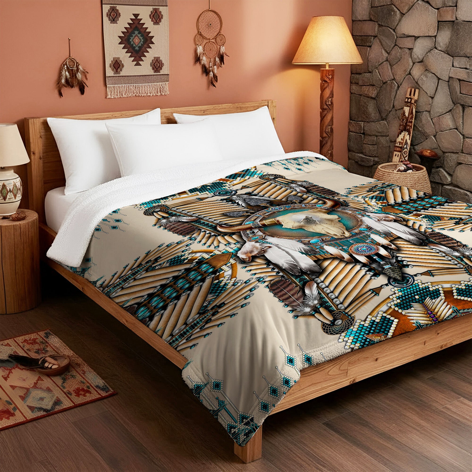 Native American Buffalo Head Motifs Premium Fleece Blanket, Turiquoise Native Indian Pattern Feather Fleece Blanket