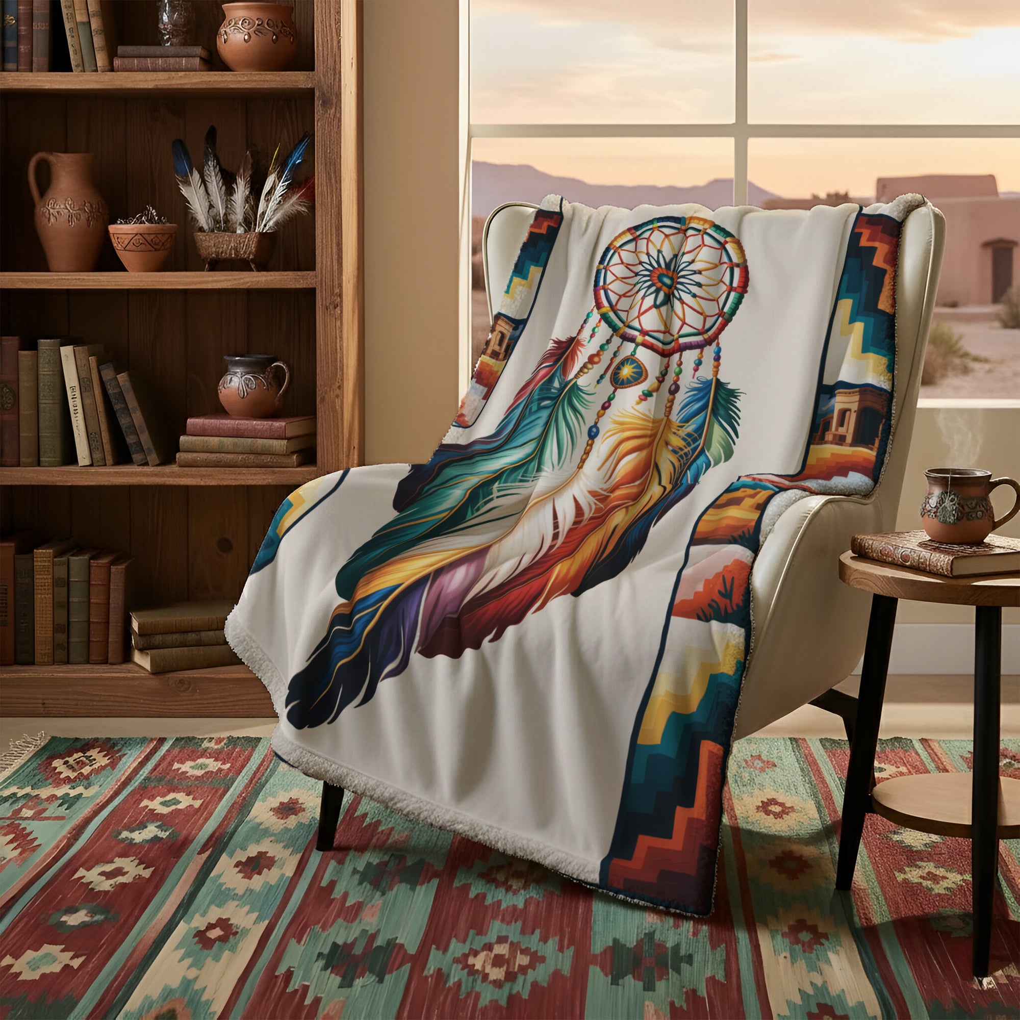 "The Dream Weaver" Boho Feather Native American Cozy Fleece Blanket