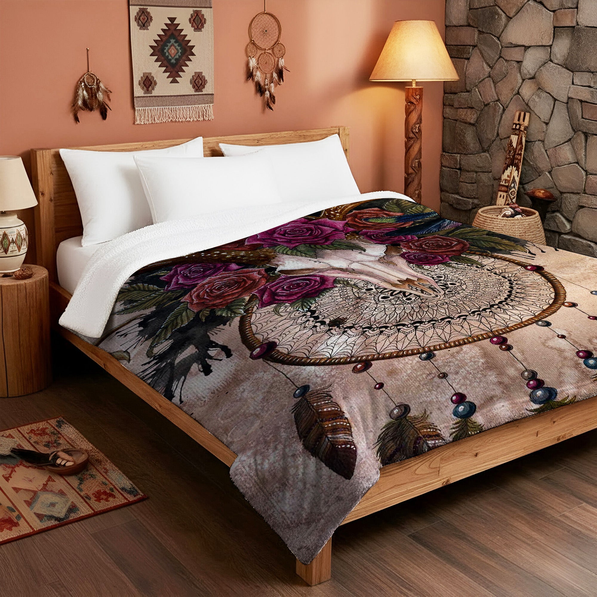 Native Dreamcatcher Rose Soft and Warm Premium Fleece Blanket