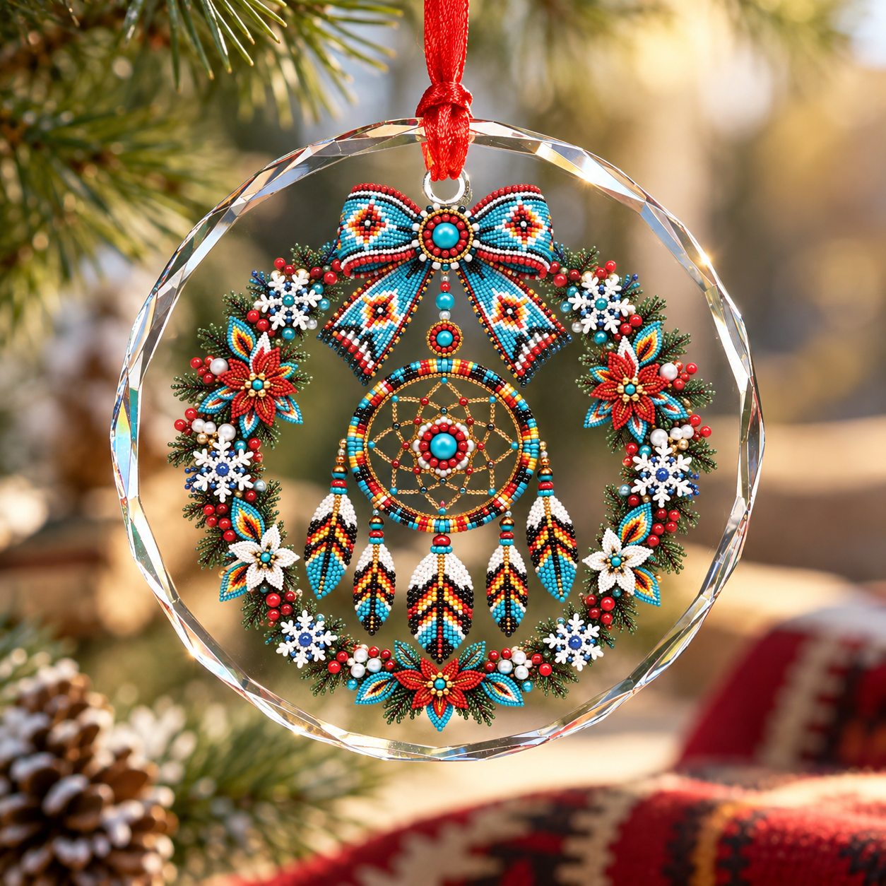 Native Beaded Dreamcatcher Wreath Glass Ornament – Indigenous Art Decor
