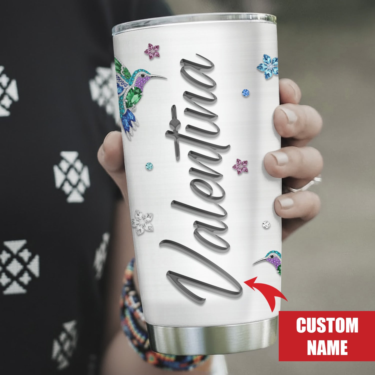 Crystal Hummingbird Tumbler Stainless Steel Drinking Cup (Custom Name)