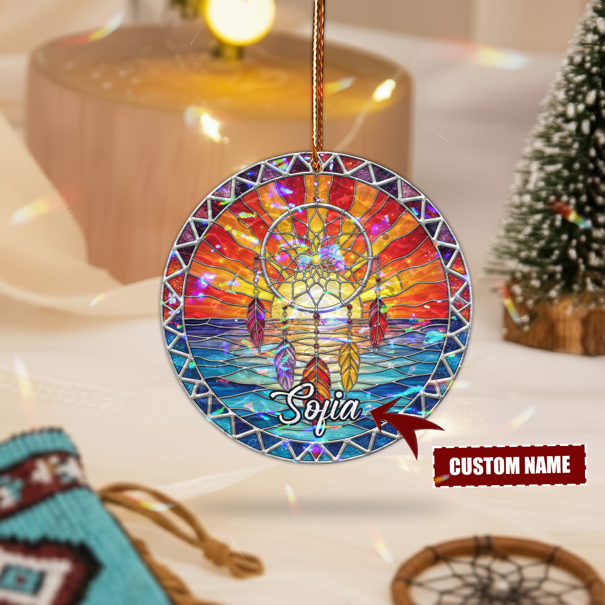 Sunset Waves Dreamcatcher Acrylic Suncatcher Ornament Unique Christmas Gift Decor (Custom Name)
