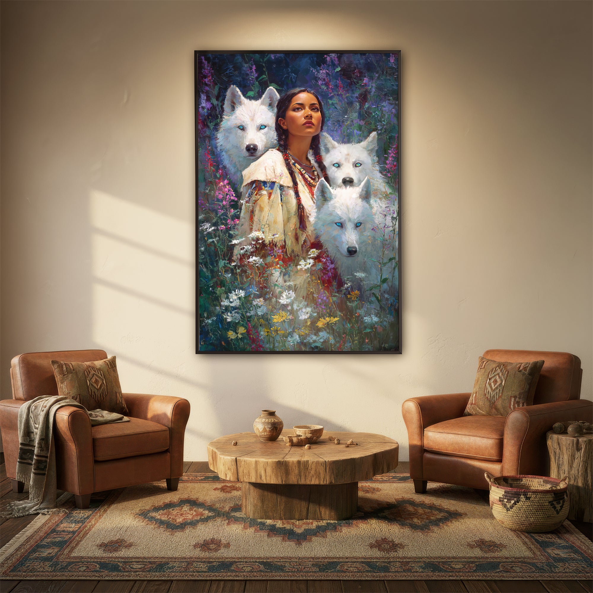 Spirit Of The White Wolves – Native American Woman & Sacred Wolf Guardians Art Poster/Canvas