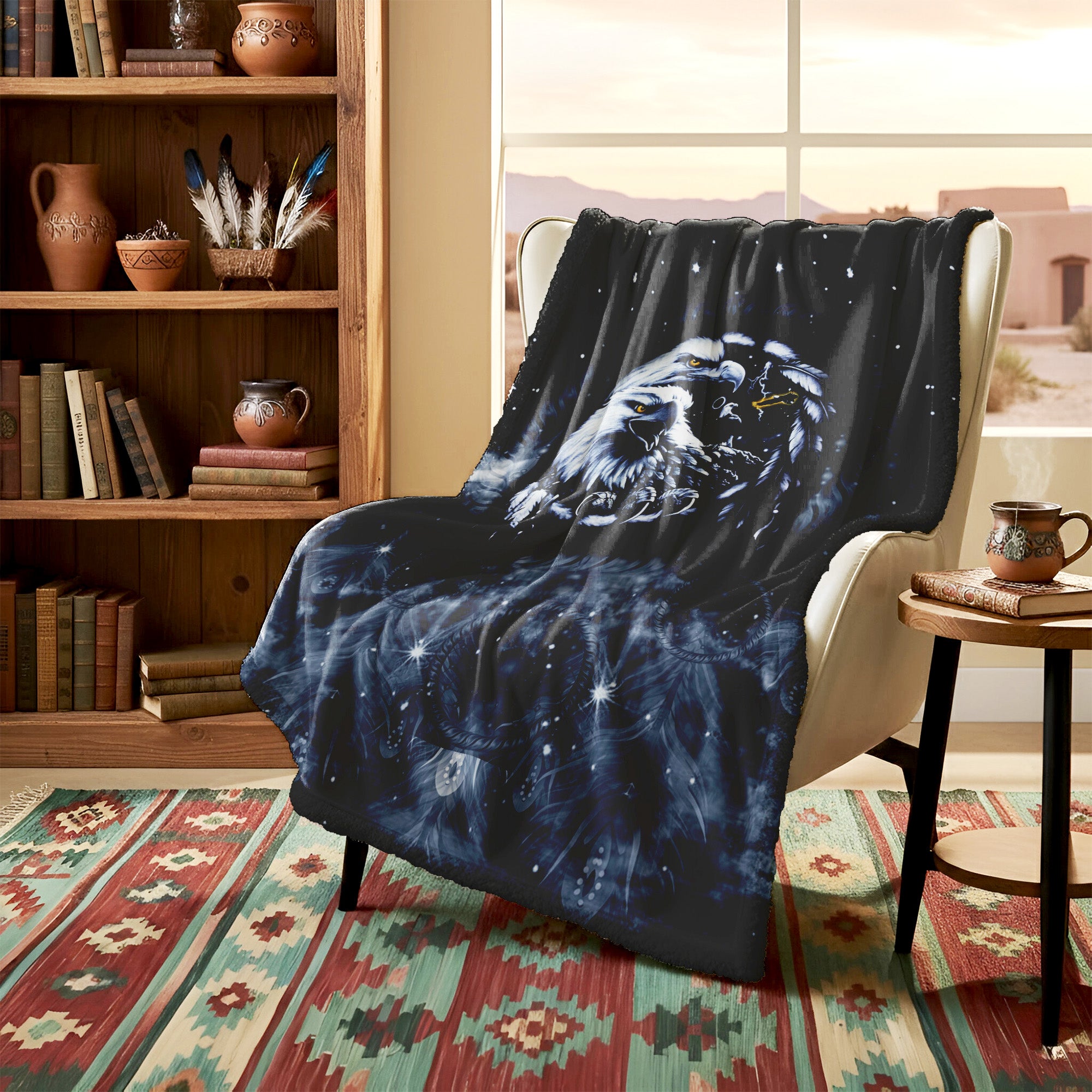 Native American Style Black Night Eagle Birds Soft and Warm Premium Fleece Blanket