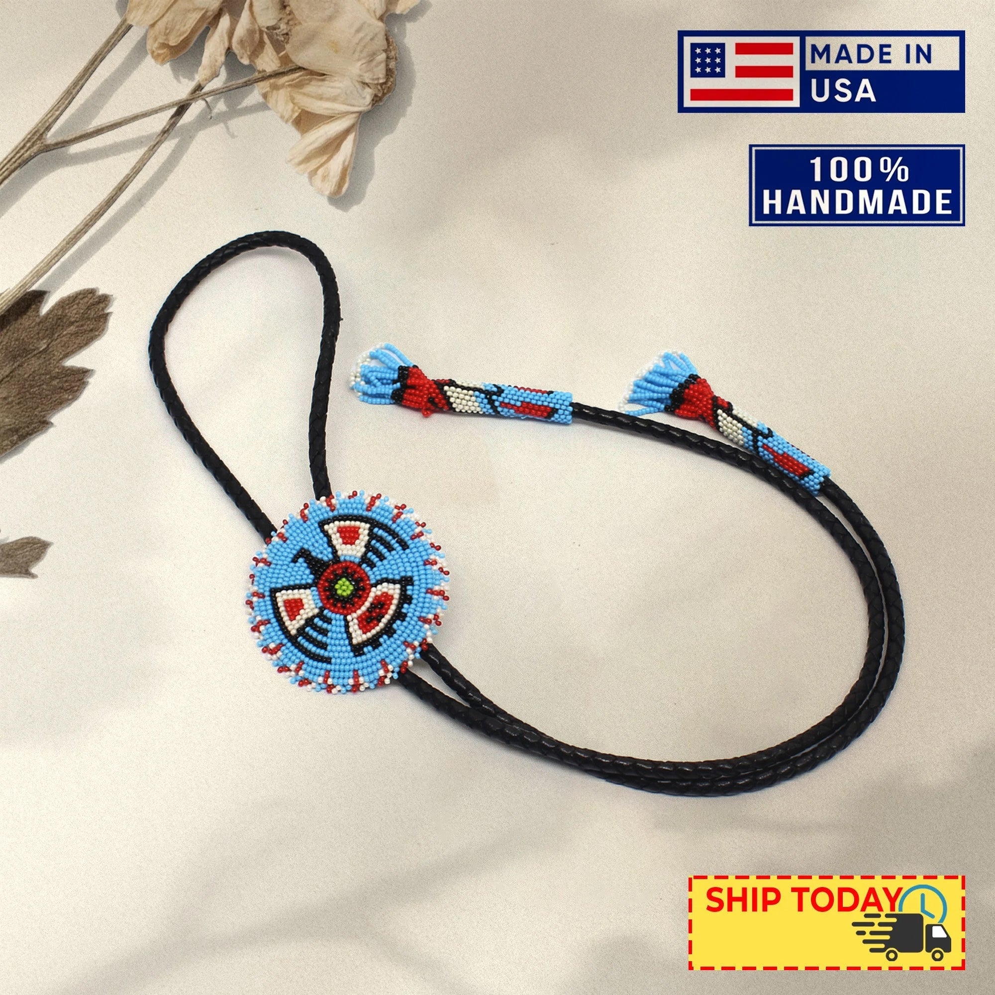SALE 50% OFF - Handmade beaded Cyan Blue Thunderbird leather Bolo Tie Unisex With Native American Style