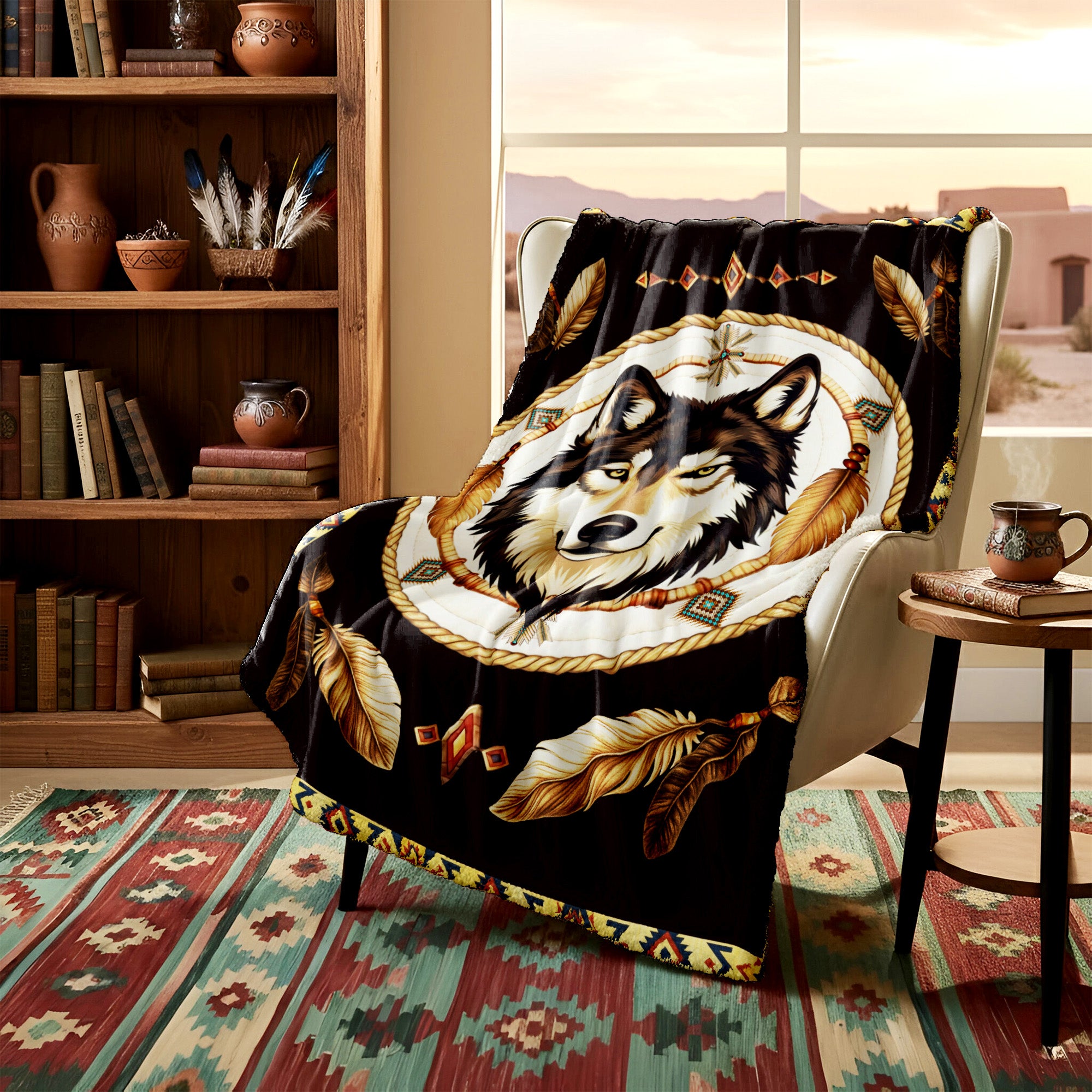 Native Wisdom Wolf Throw Native American Cozy Fleece Blanket