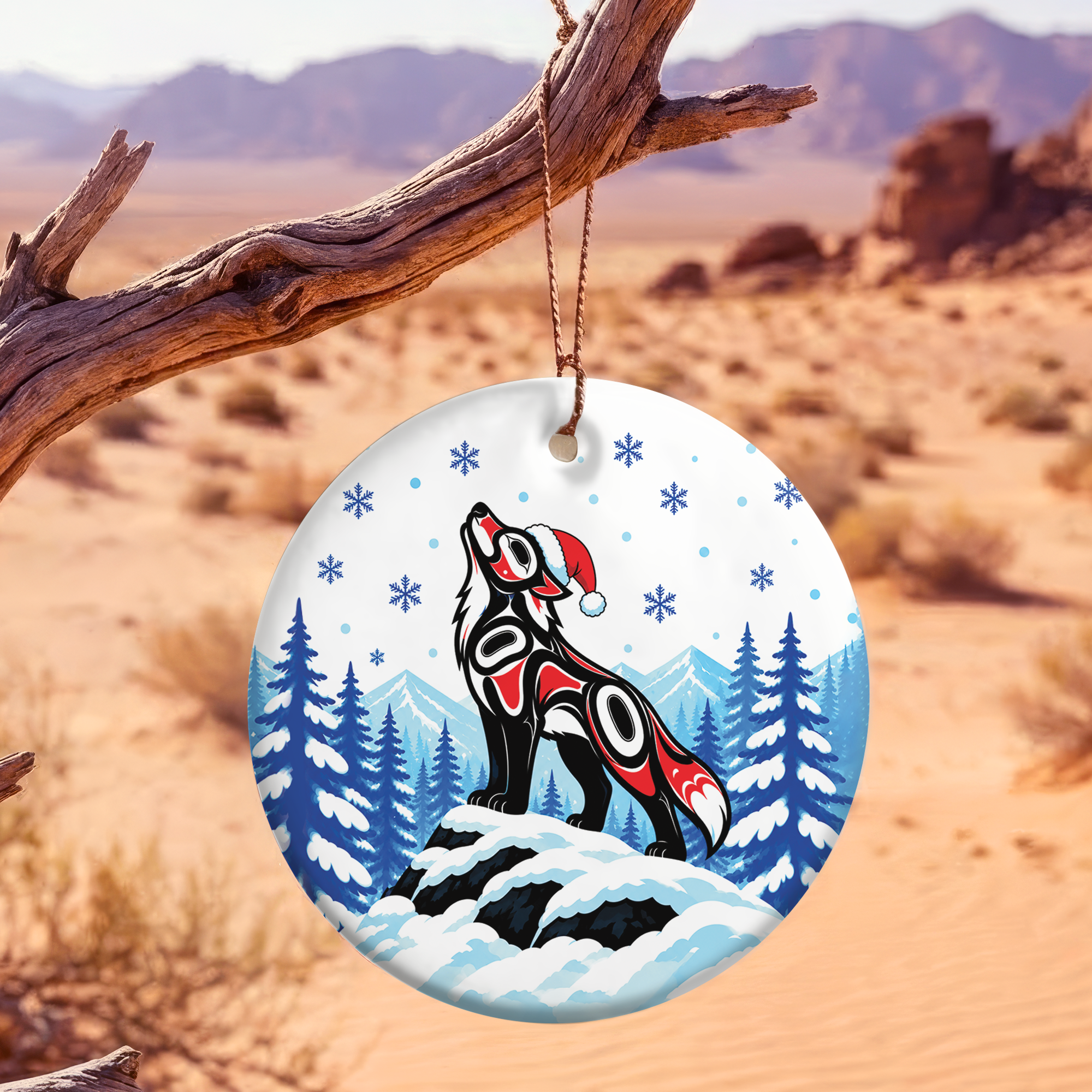 Howling Wolf Christmas Native Tribal Ceramic Ornament - Indigenous Art Decor