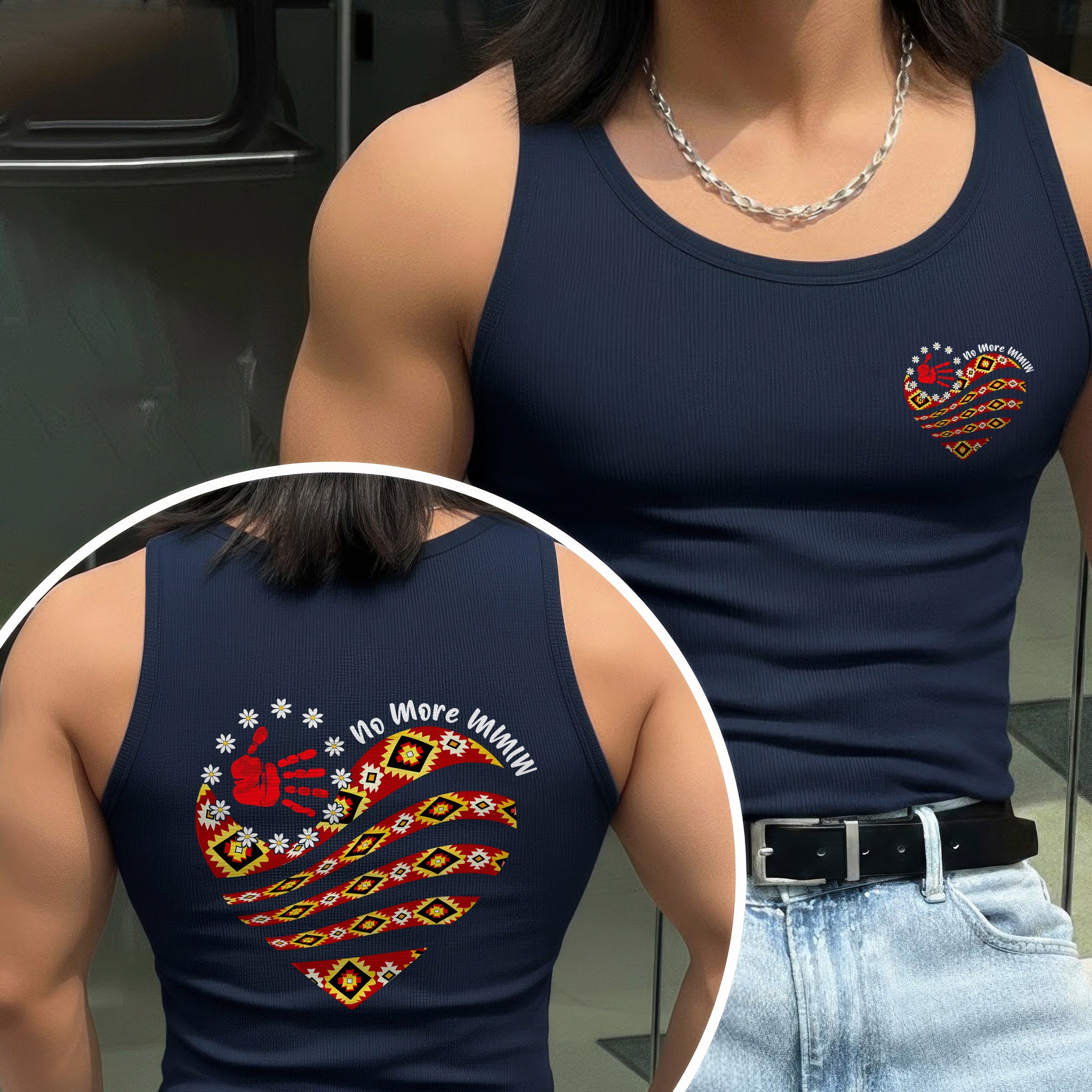 [Two Sides] No More MMIW Tank Top - Native American Heart and Red Hand Unisex Tank Top/Long Sleeve/Hoodie Zip
